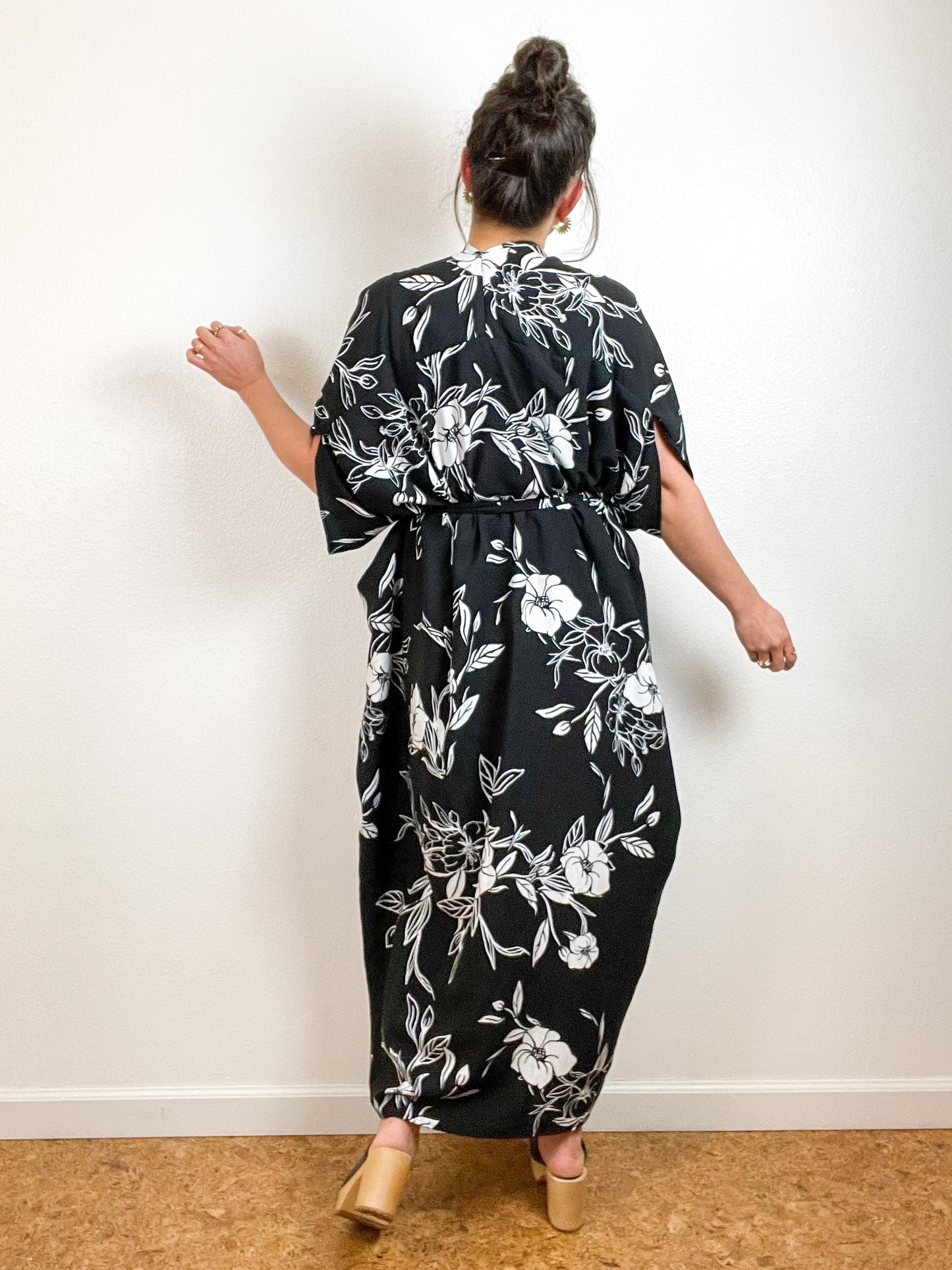 High Low Kimono Black White Floral Rayon Challis
