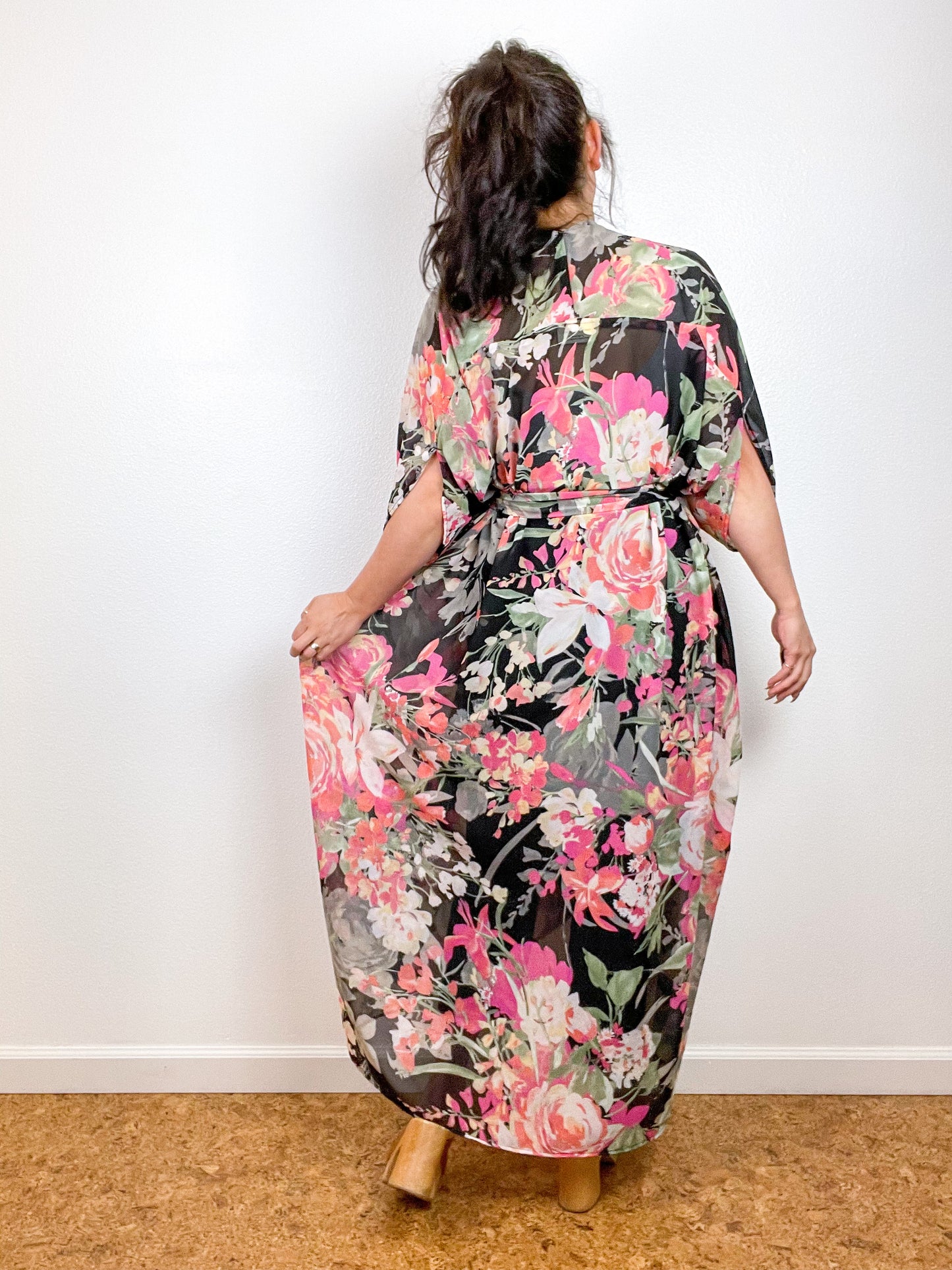Print High Low Kimono Black Peach Floral Chiffon