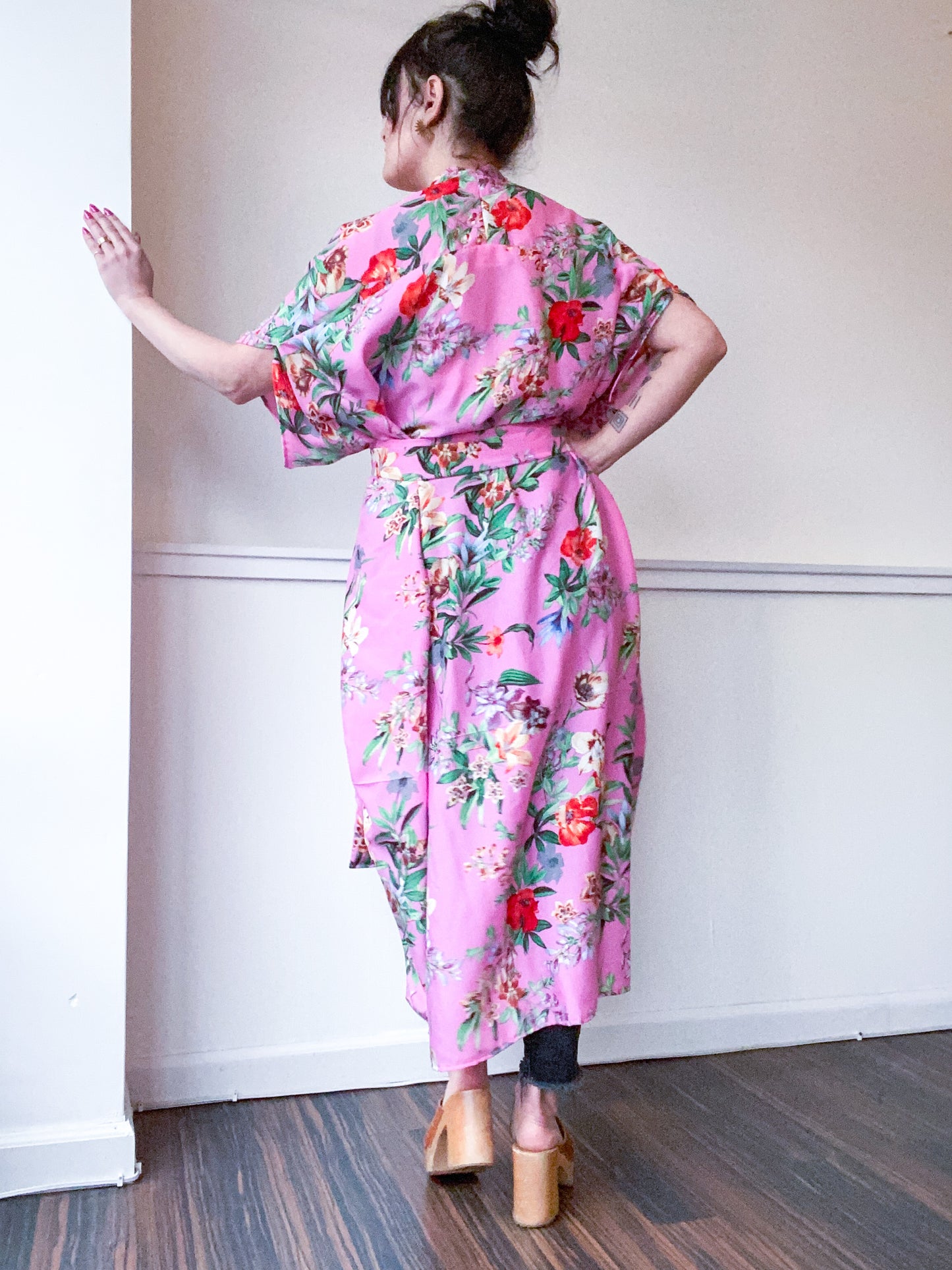 Print High Low Kimono Pink Tropical