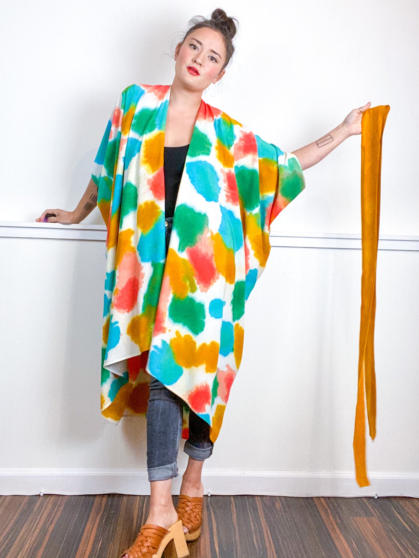 OOAK Hand-Dyed High Low Kimono Marigold Coral Emerald Parakeet Inkblot