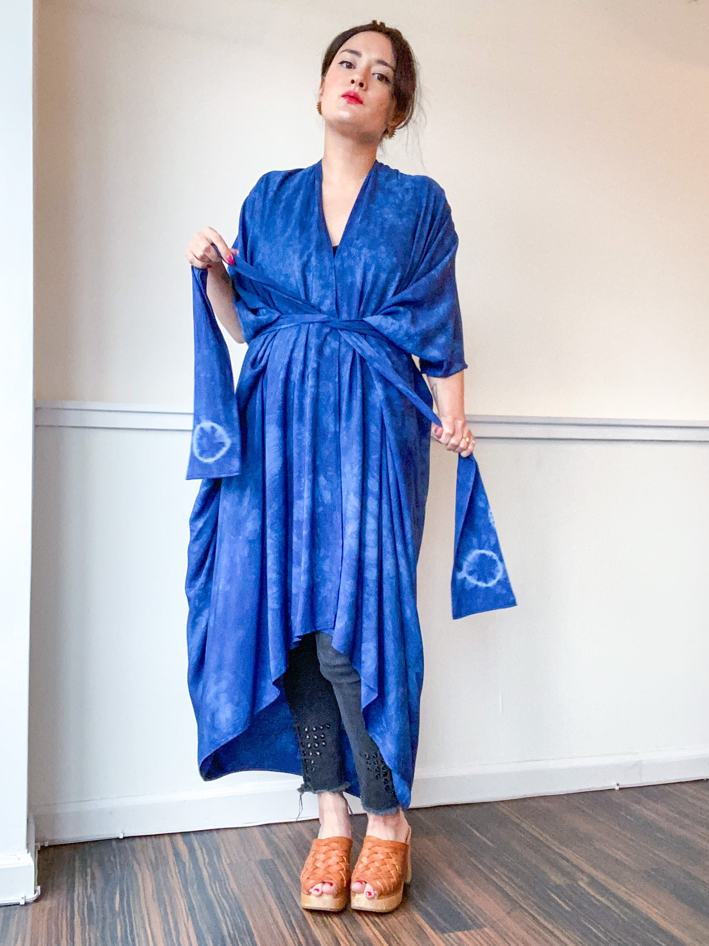 Hand-Dyed High Low Kimono Indigo Circles