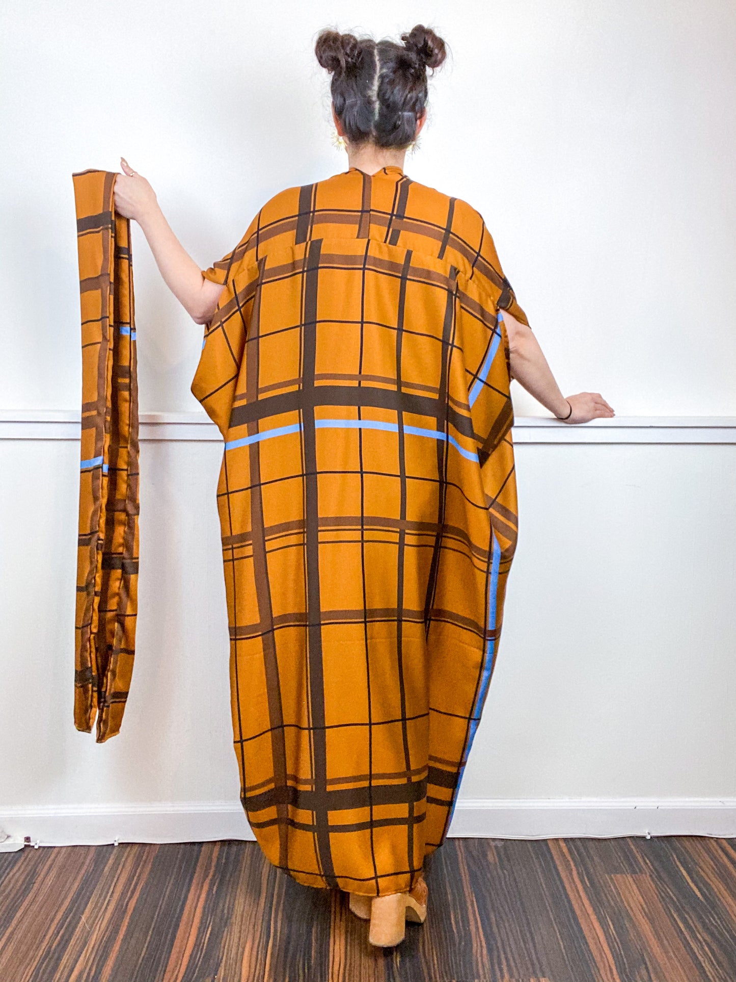 Print High Low Kimono Bronze Plaid Challis