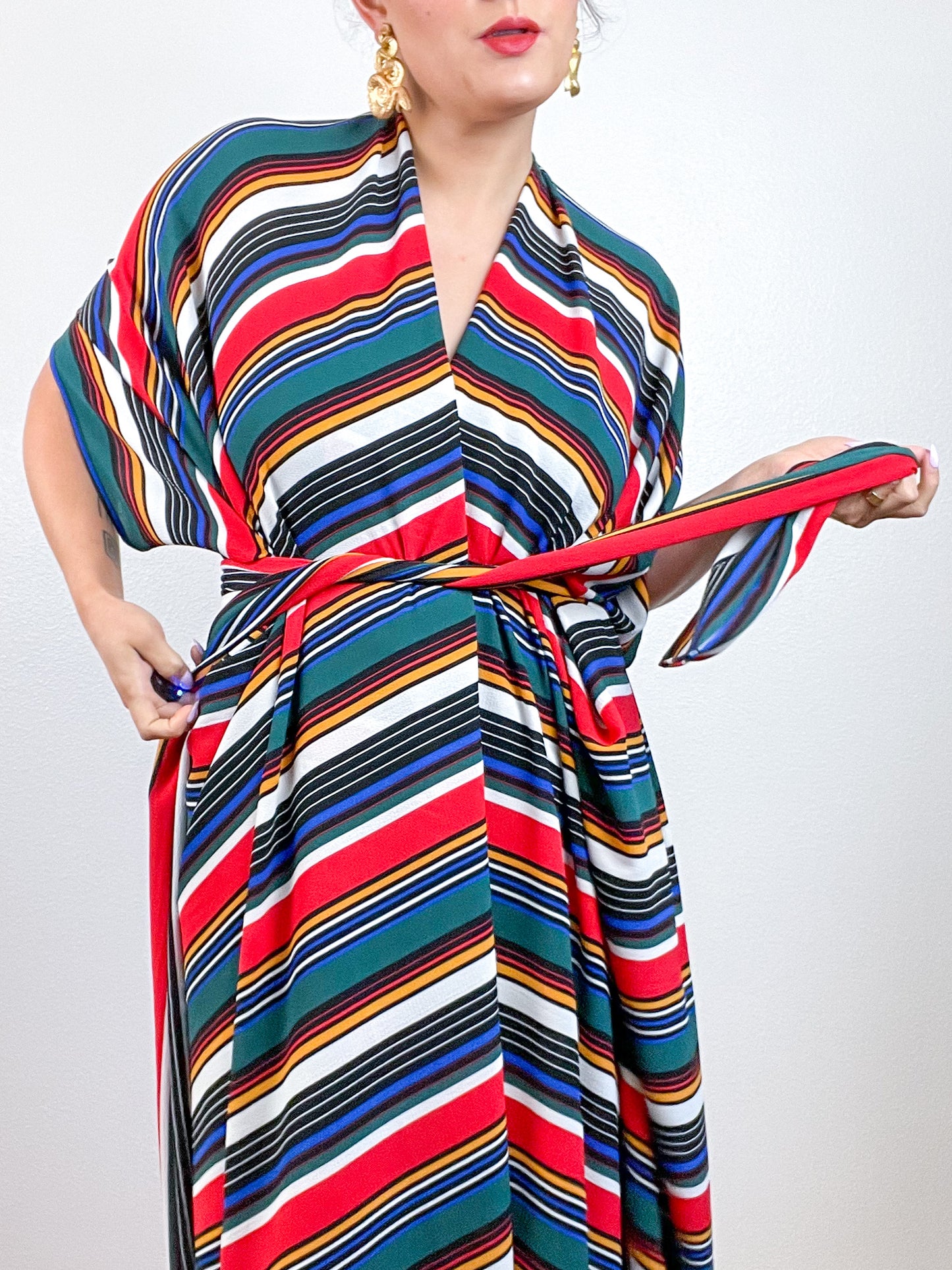 Print High Low Kimono Primary Stripes Bubble Crepe