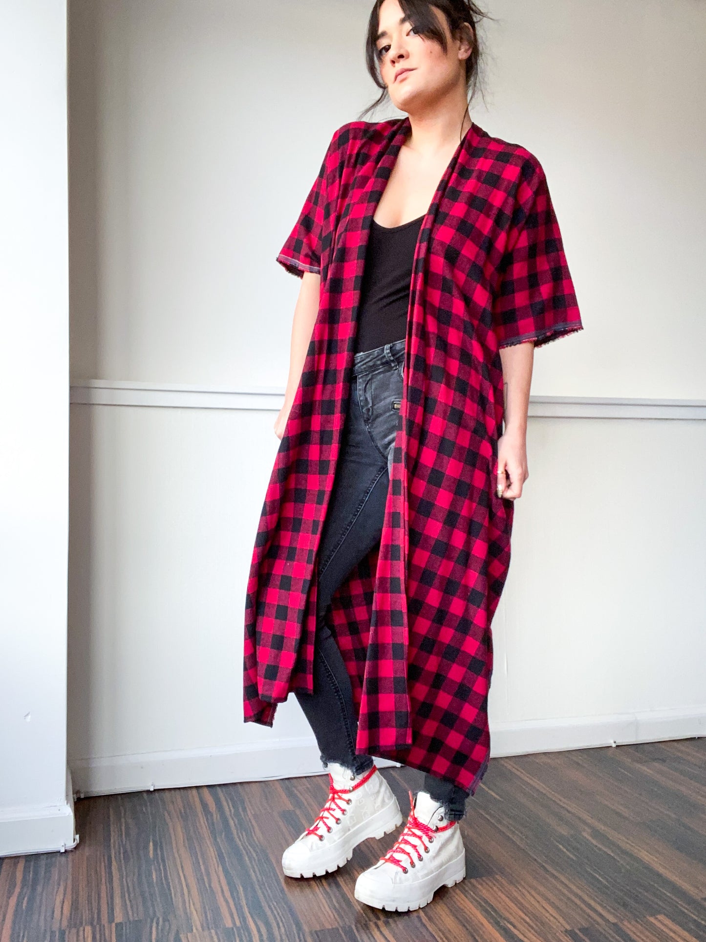 Everyday Midi Kimono Dress Plaid Red Check