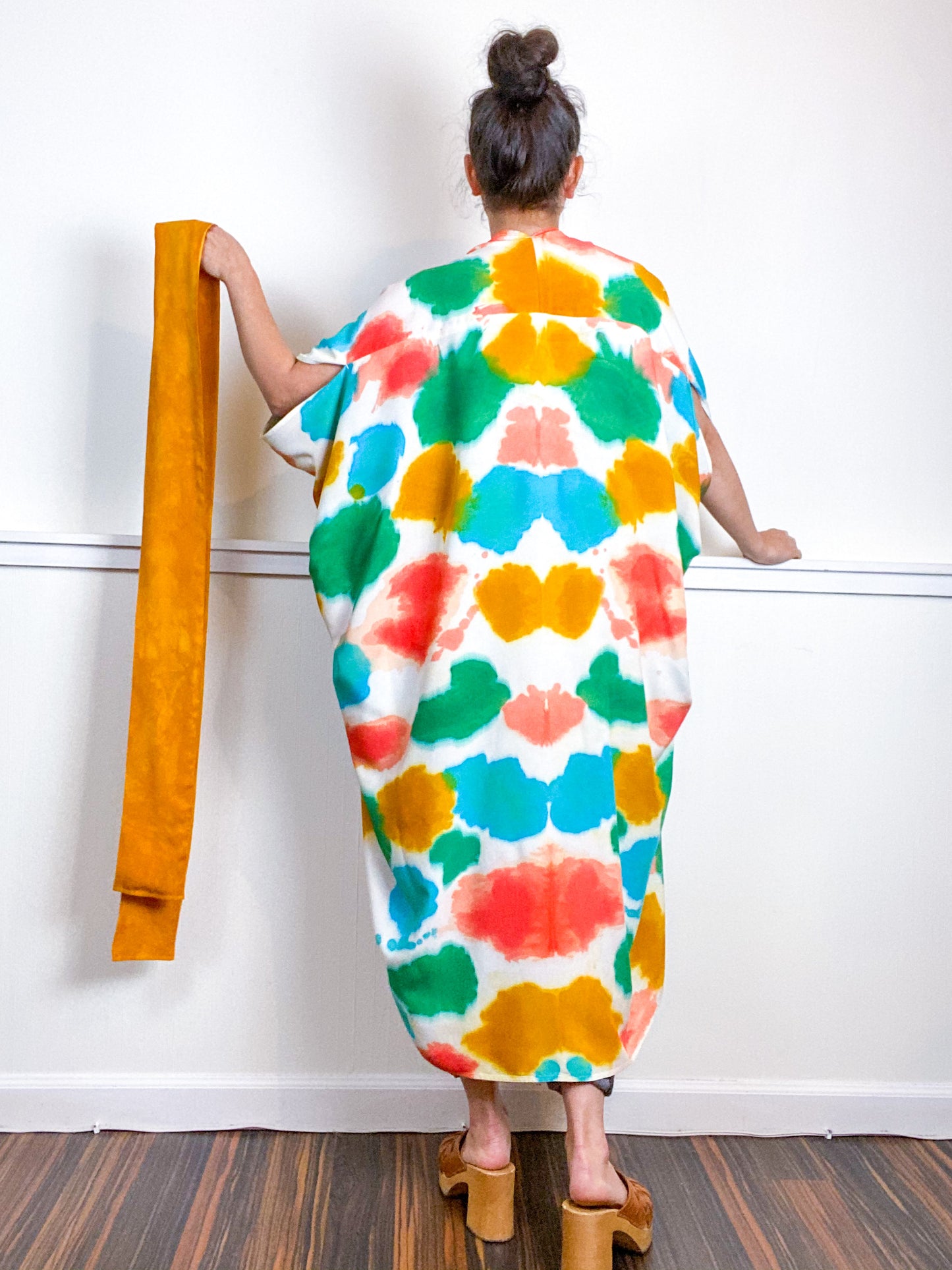 OOAK Hand-Dyed High Low Kimono Marigold Coral Emerald Parakeet Inkblot