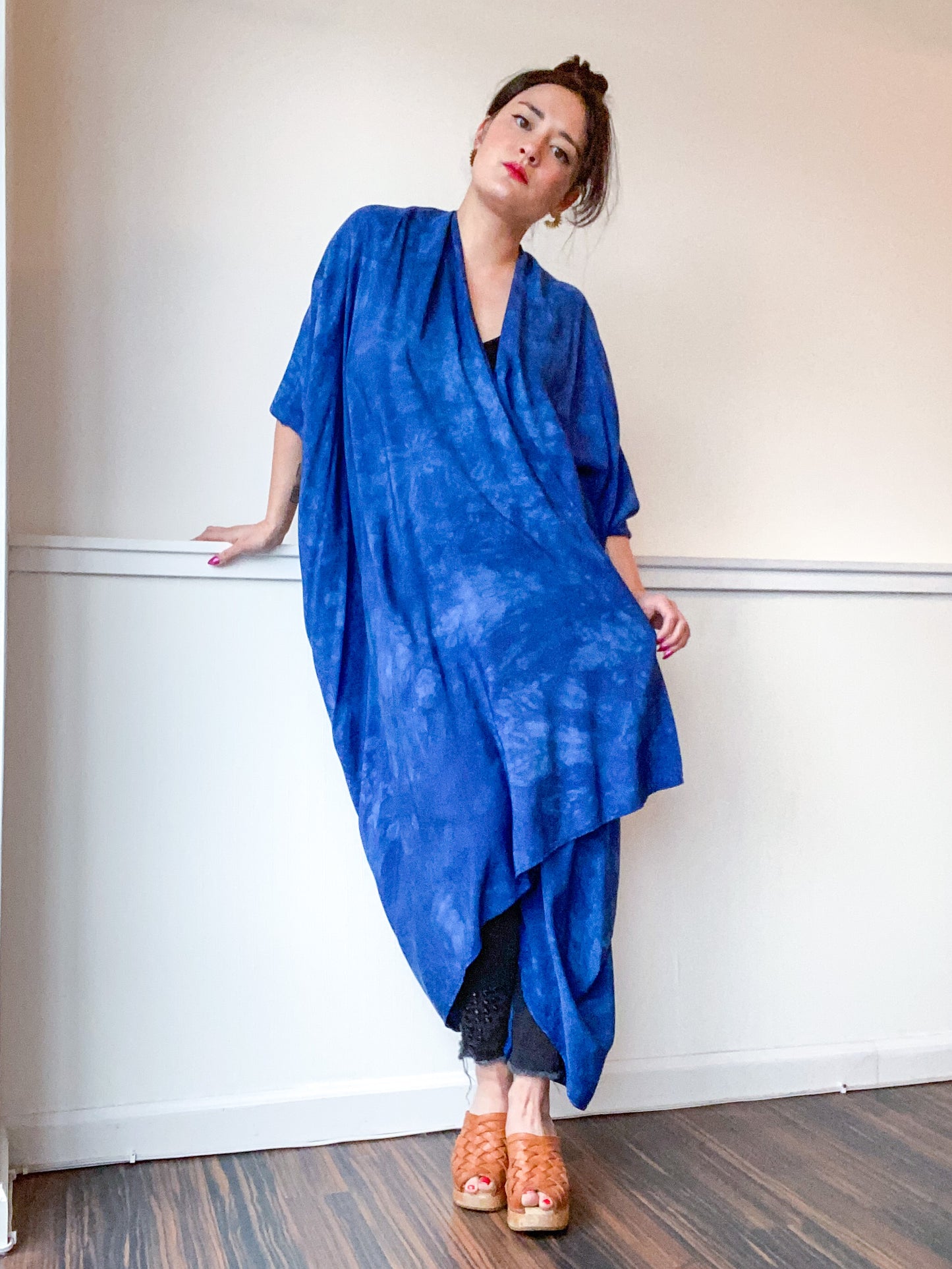 Hand-Dyed High Low Kimono Indigo Circles