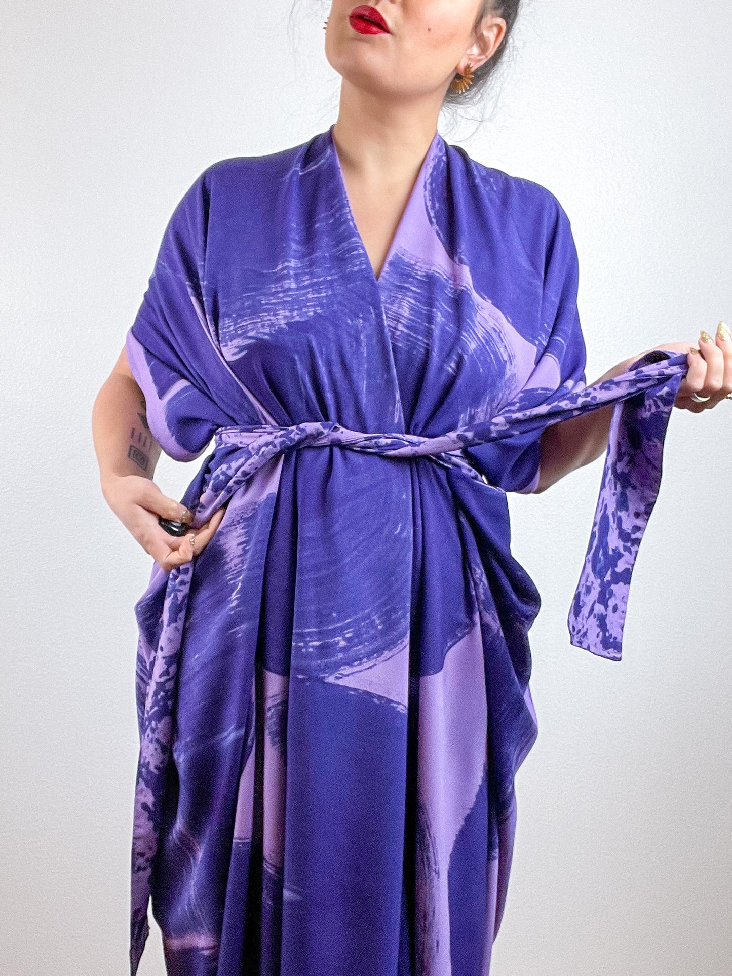 Hand-Dyed High Low Kimono Lilac Navy Brushstroke