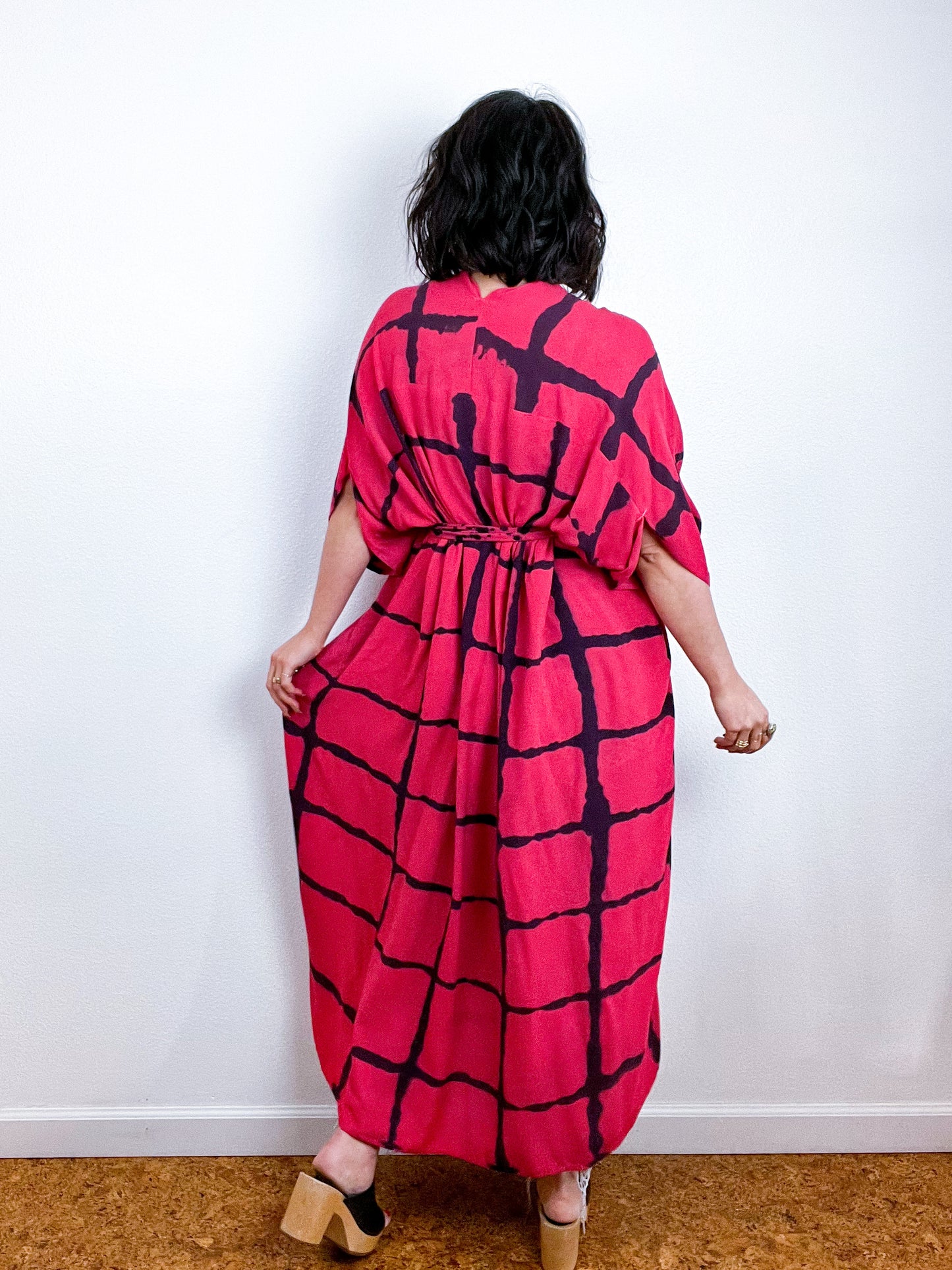 Hand-Dyed High Low Kimono Coral Grey Windowpane