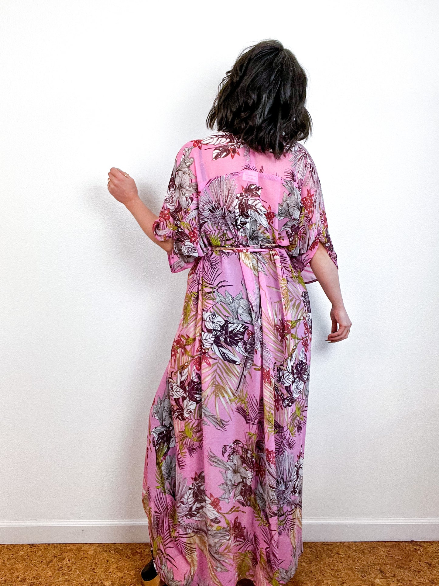 Print High Low Kimono Pink Tropical Floral Chiffon