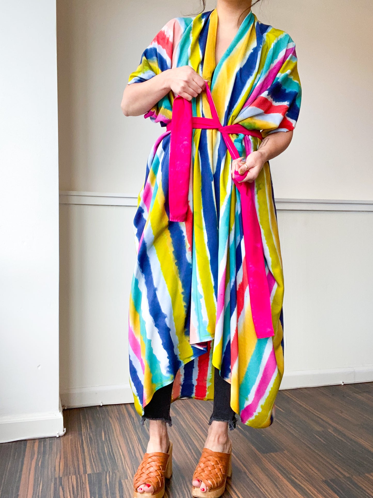 Limited Edition Hand-Dyed High Low Kimono Multicolor Stripes