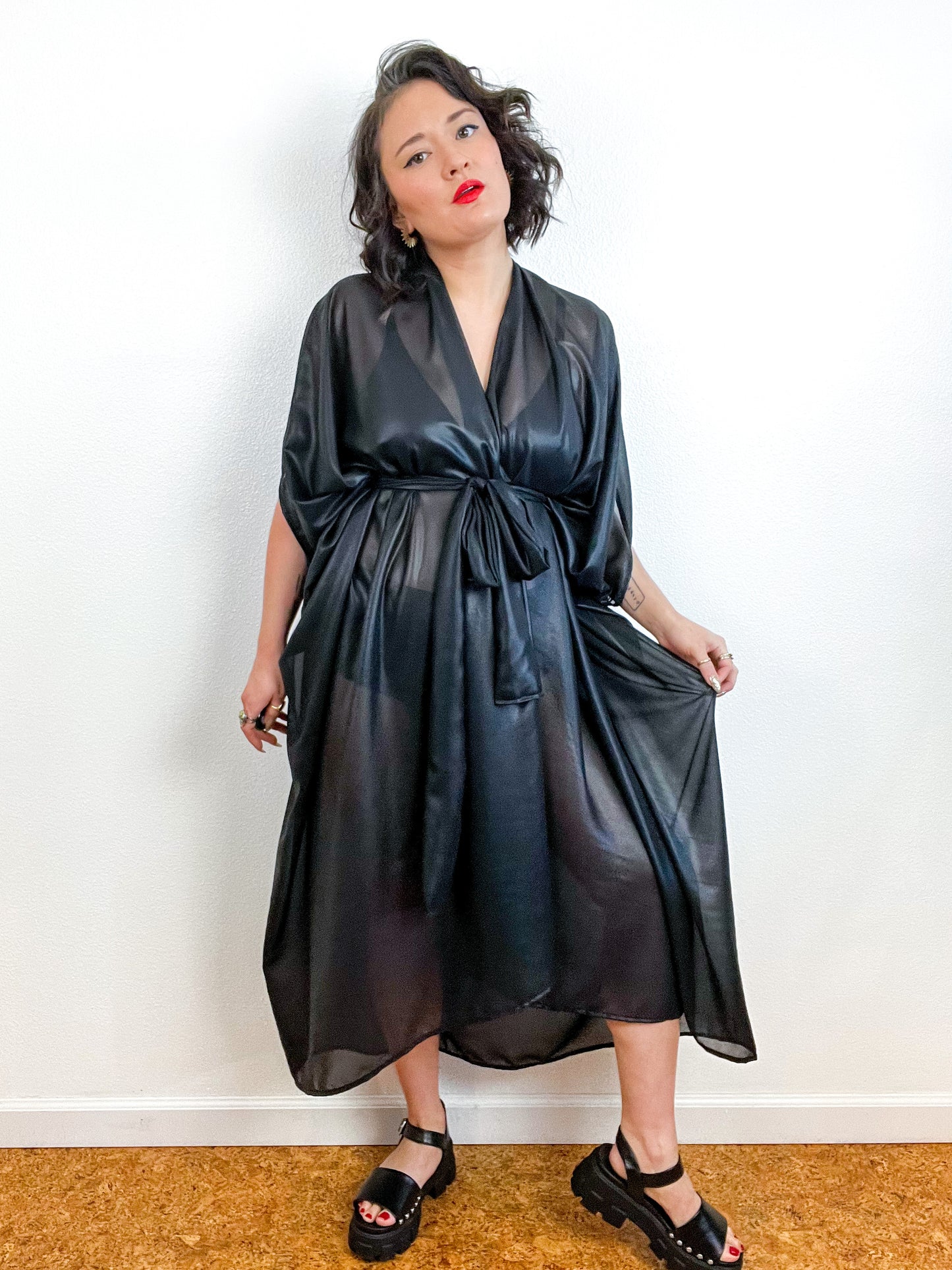 Solid High Low Kimono Black Leather Look Chiffon