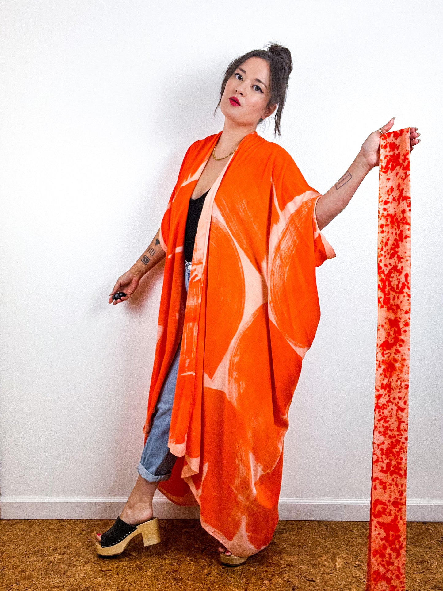 Hand-Dyed High Low Kimono Peach Orange Brushstroke