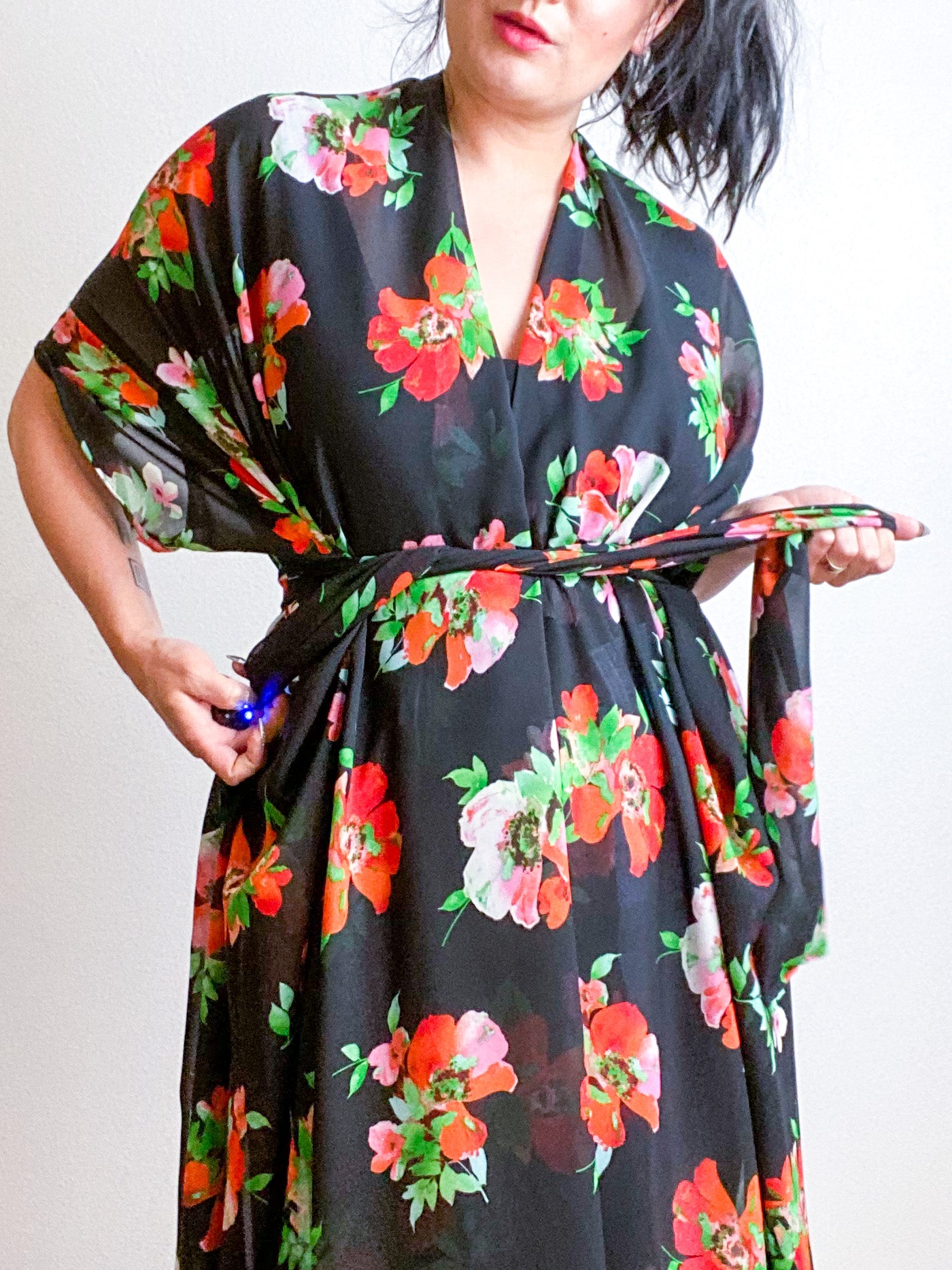Print High Low Kimono Black Poppies Chiffon