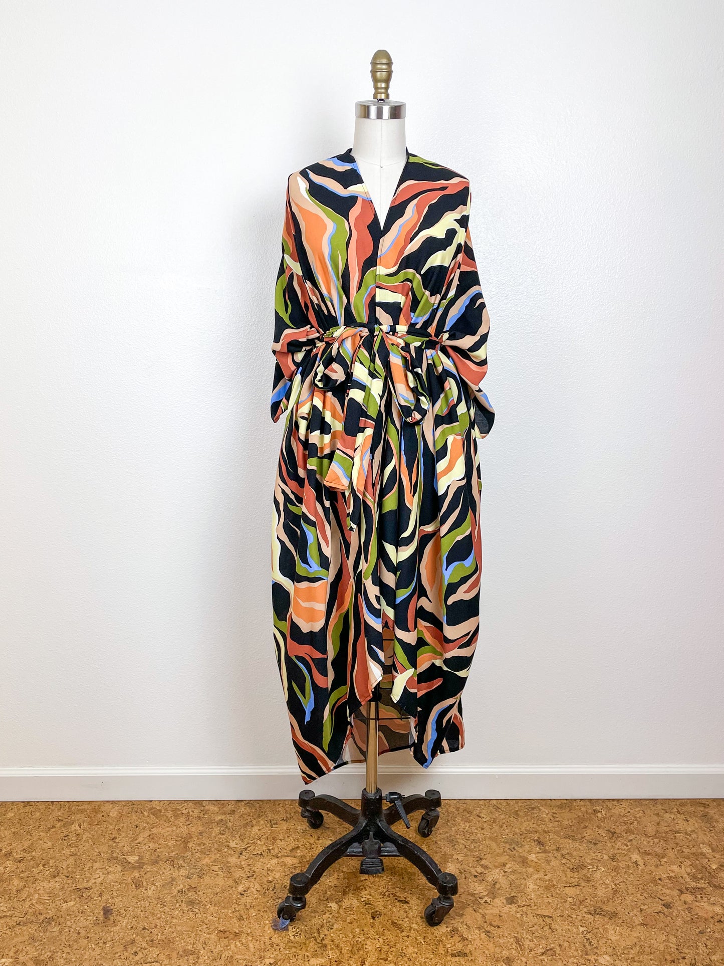 Print High Low Kimono Earthy Stripes Rayon Challis