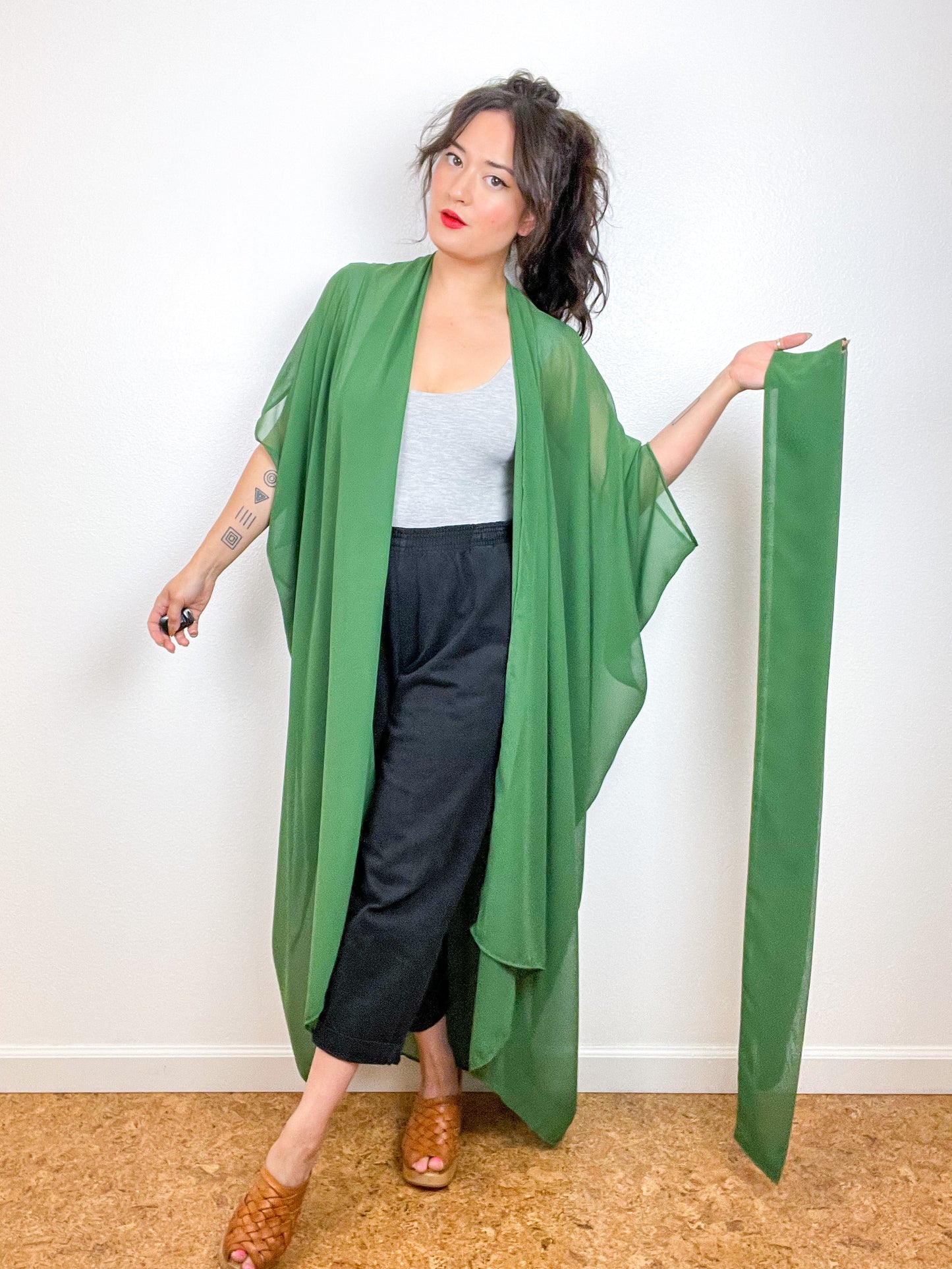 Solid High Low Kimono Leaf Green Chiffon