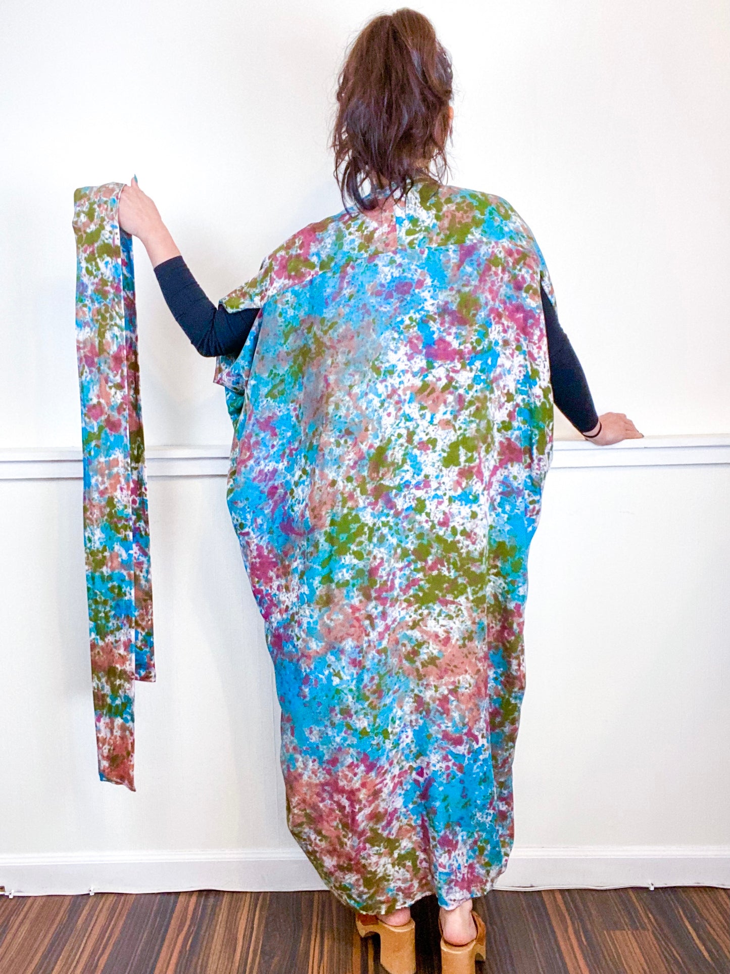 Hand-Dyed High Low Kimono Terracotta Moss Teal Maroon Speckle