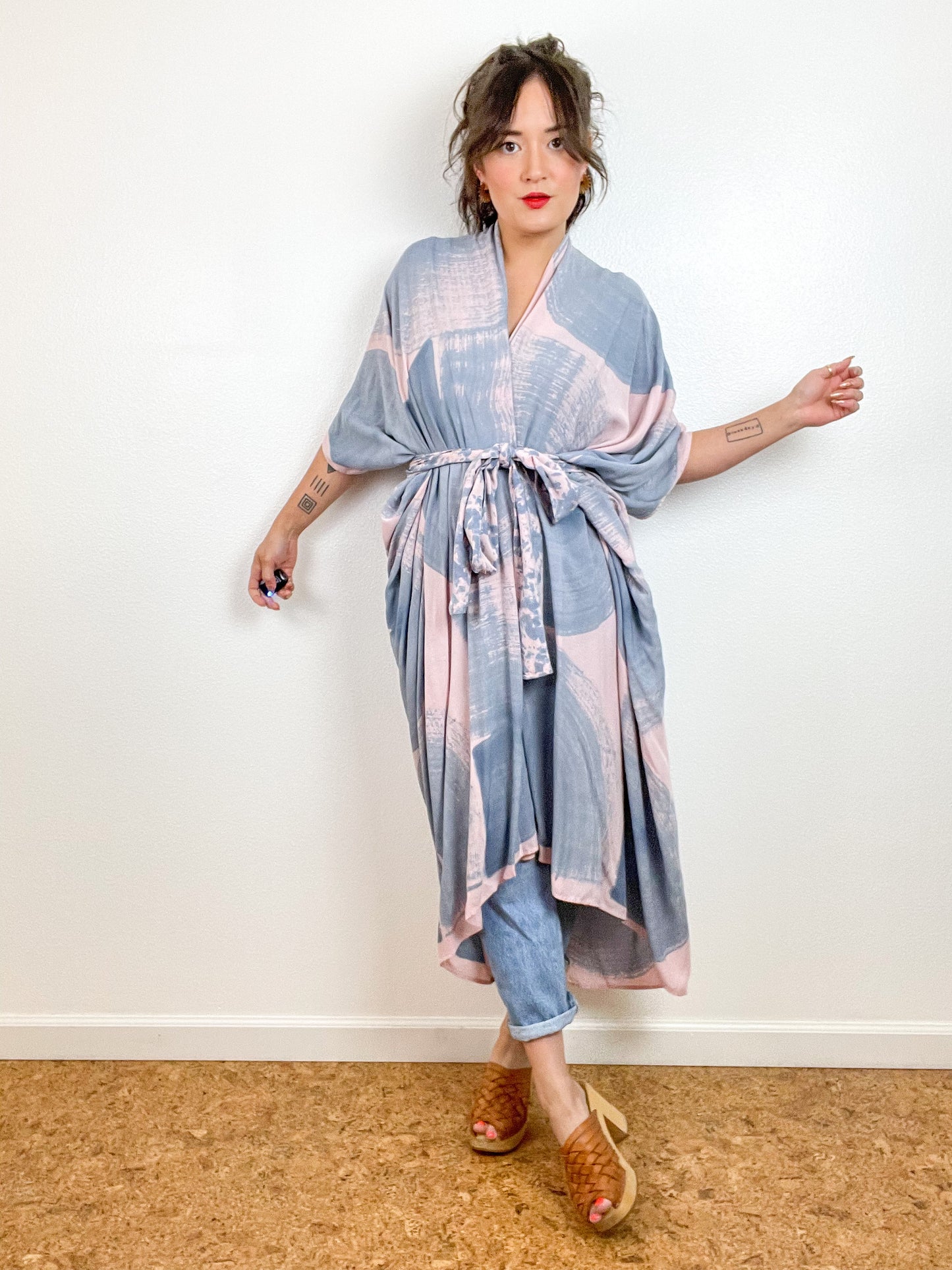 Hand-Dyed High Low Kimono Blush Blue Brushstroke