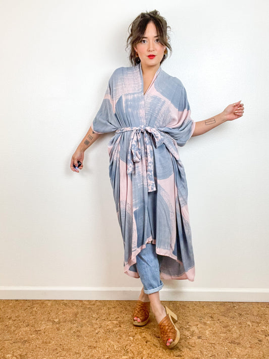 Hand-Dyed High Low Kimono Blush Blue Brushstroke