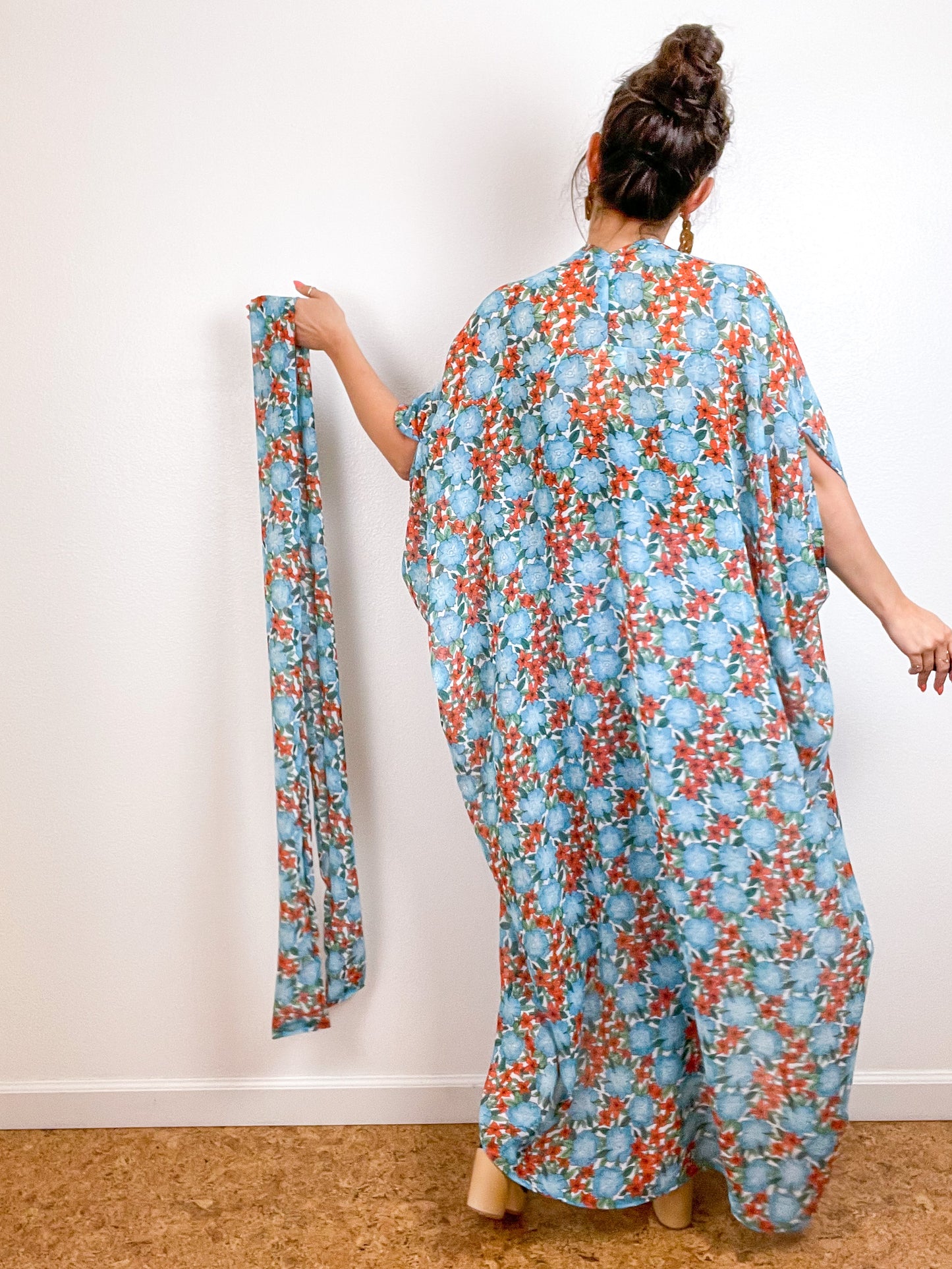 Print High Low Kimono Turquoise Pansy Floral Chiffon