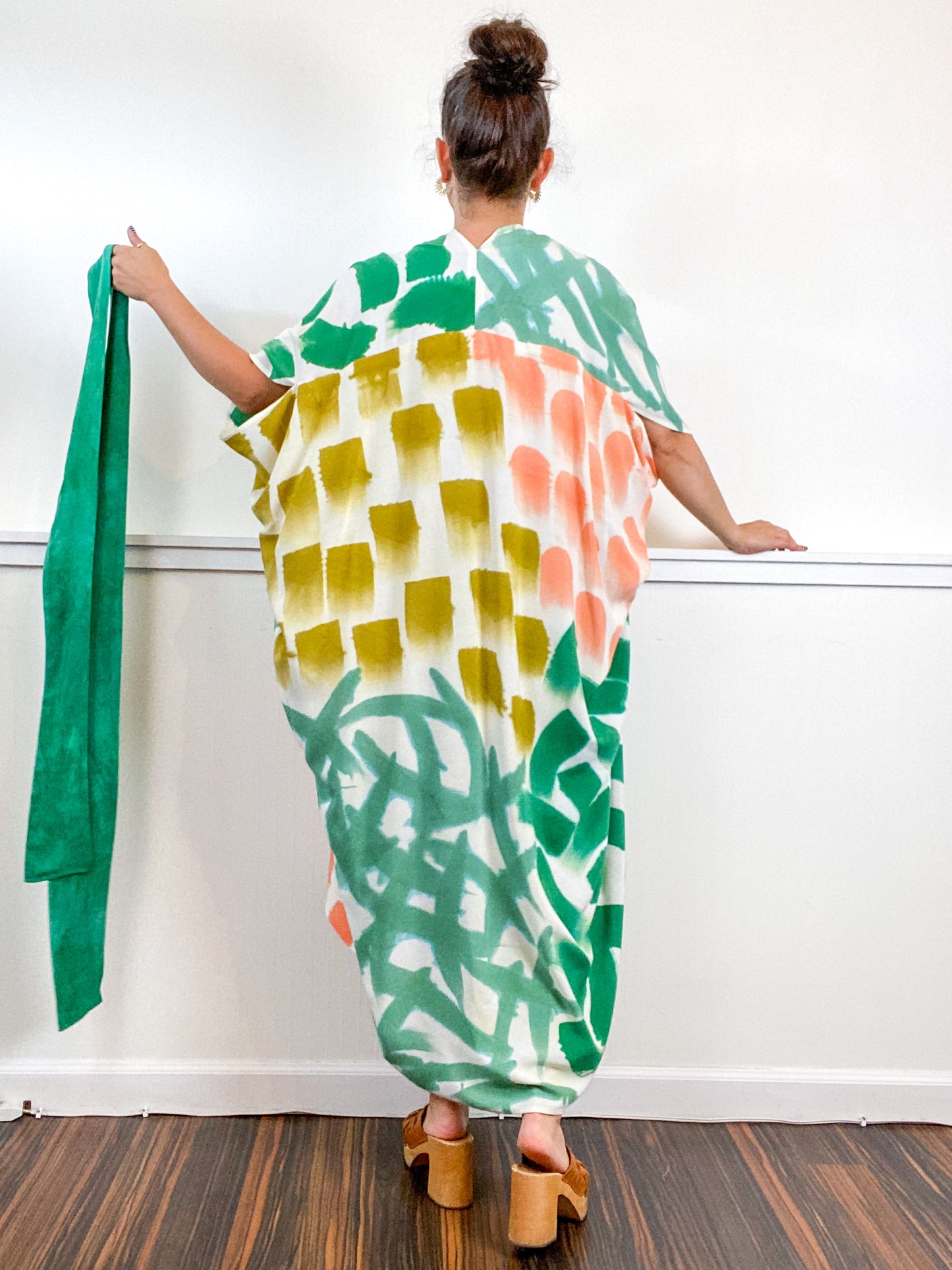 OOAK Hand-Dyed High Low Kimono Emerald Flamingo Amber Sea Brushstrokes