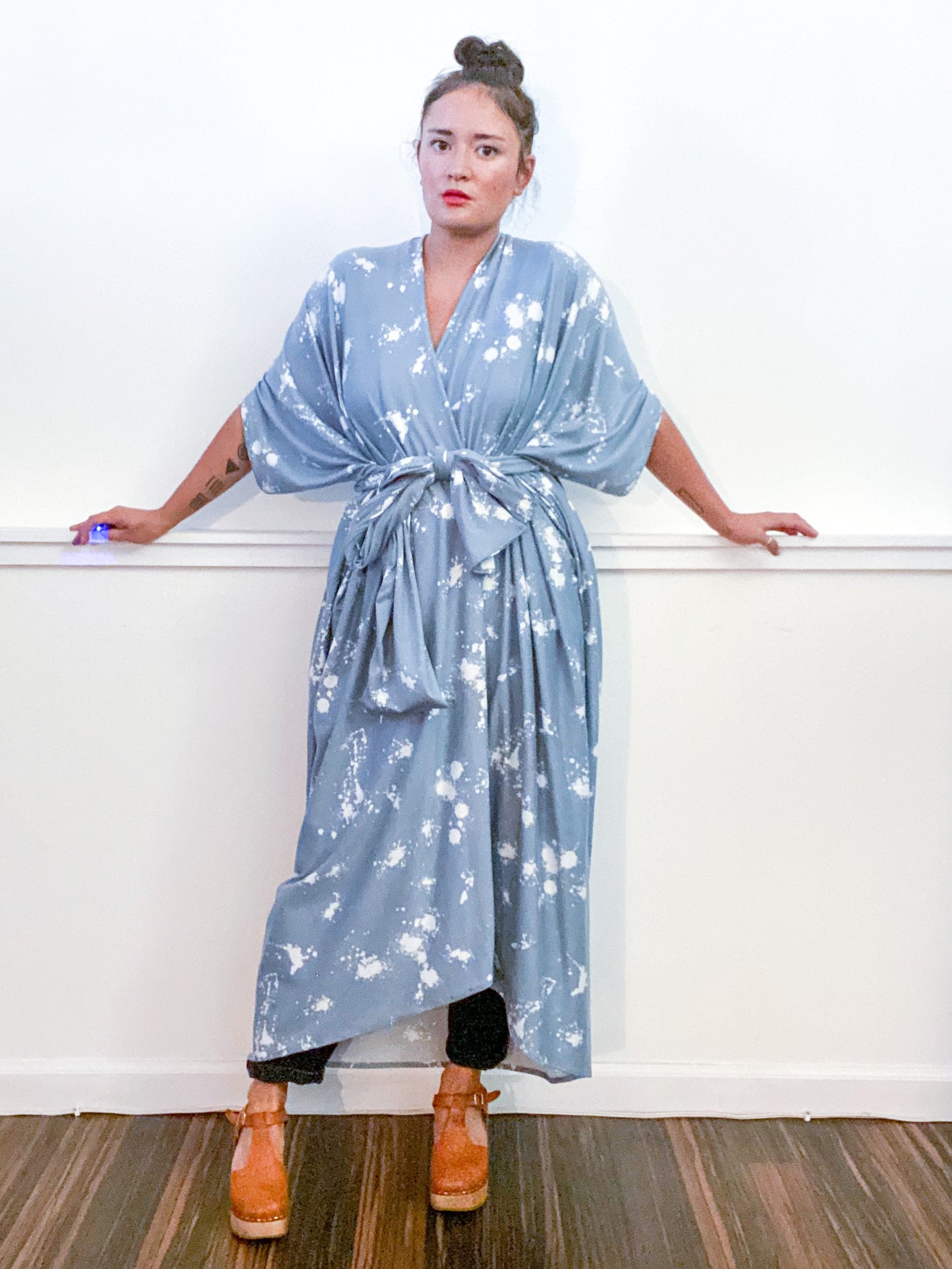Print High Low Kimono Blue Grey Drops Knit