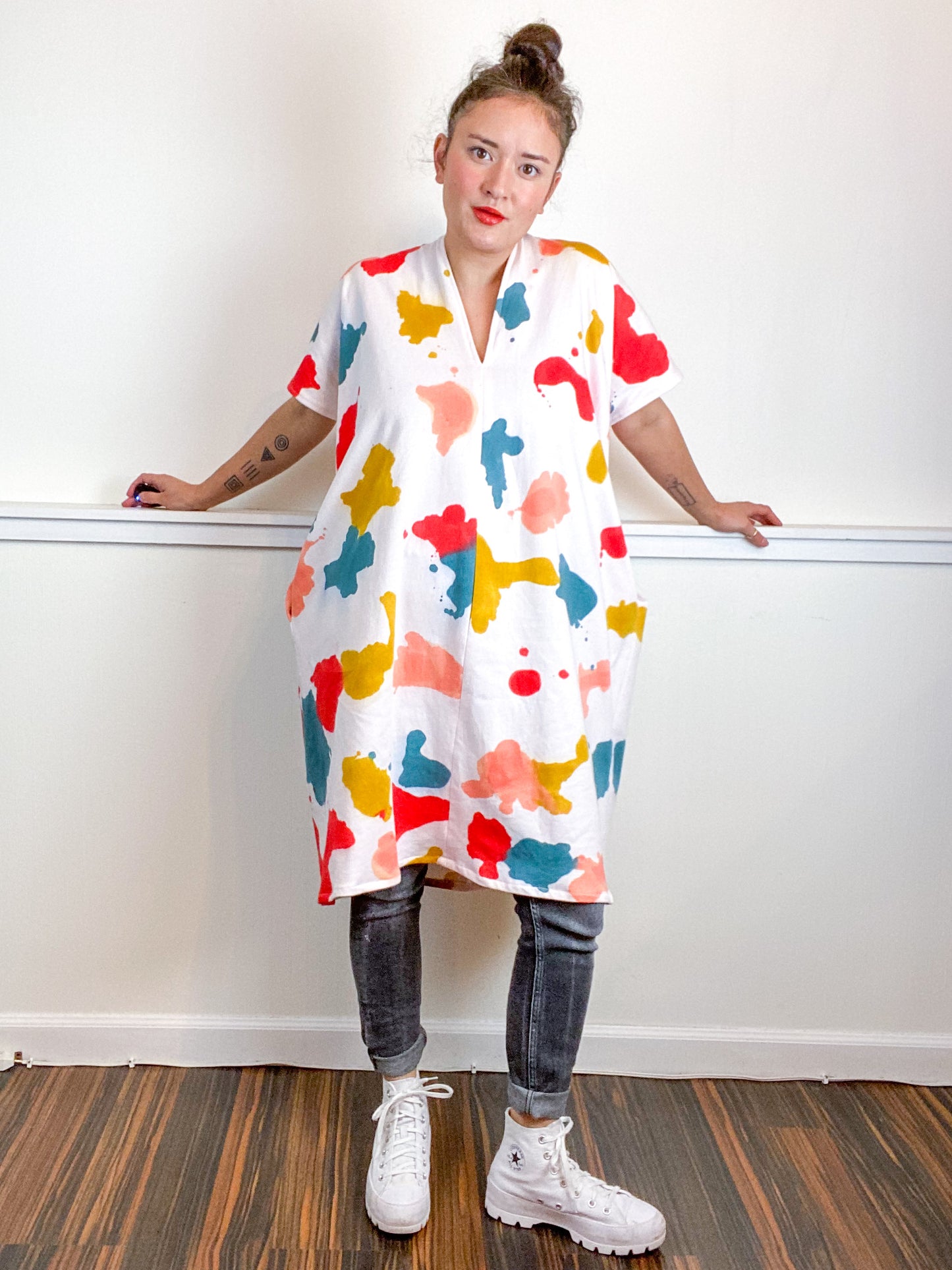 Hand-Dyed Sweatshirt Smock Dress Coral Kingfisher Scarlet Marigold