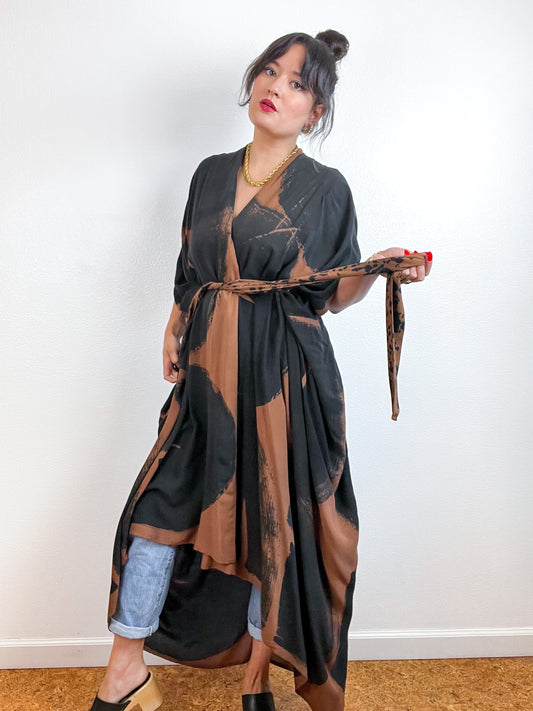 Hand-Dyed High Low Kimono Brown Black Brushstroke