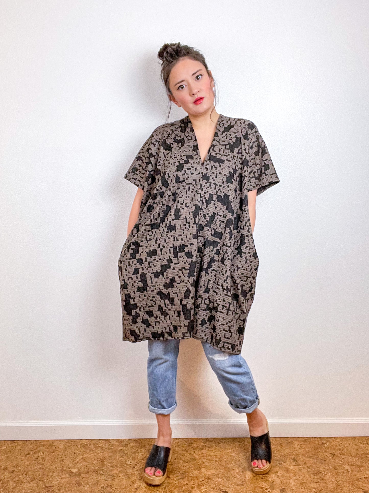 Jacquard Knit Smock Dress Black and Tan