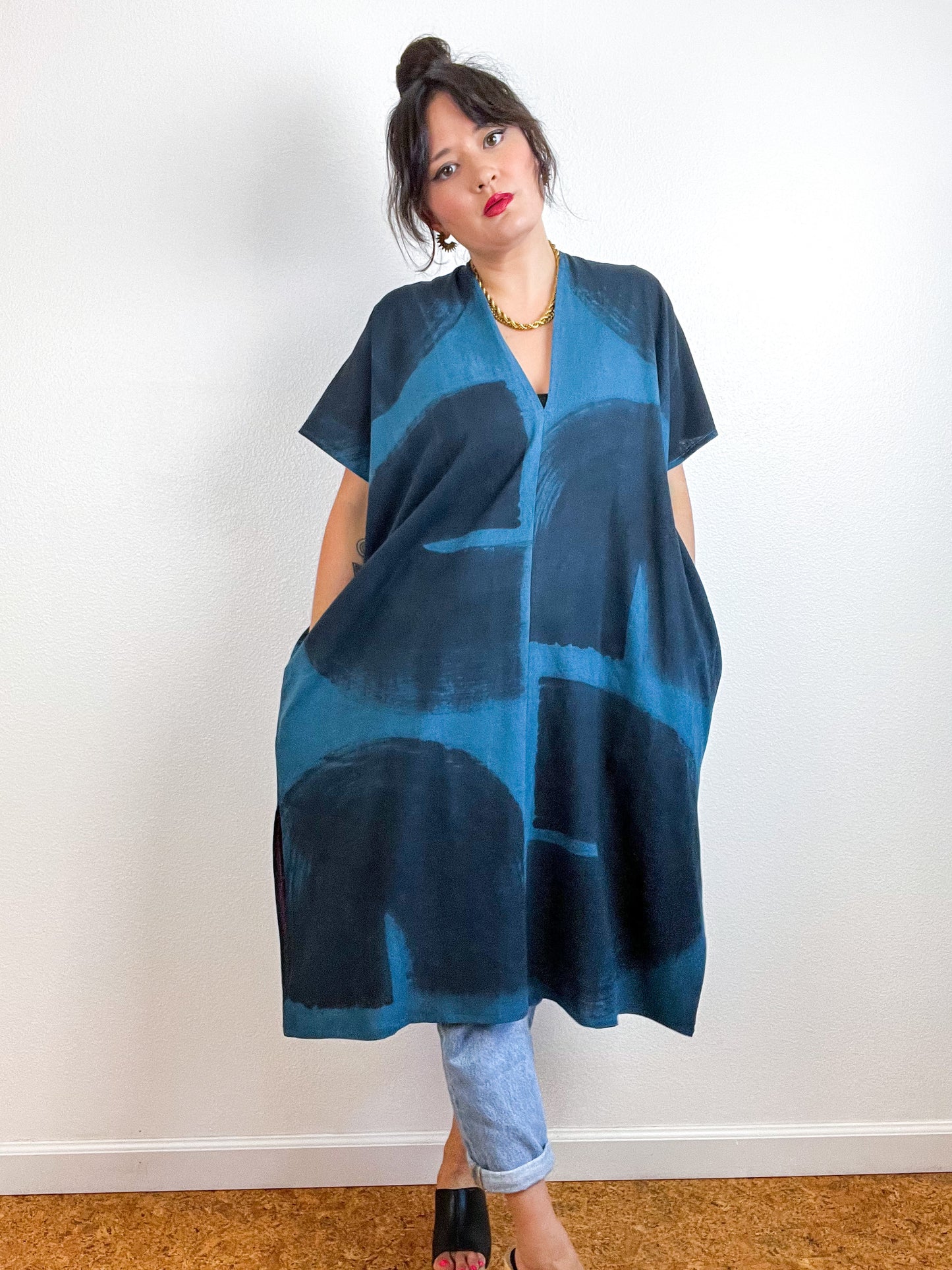 Hand-Dyed Midi Smock Dress Teal Black Brush