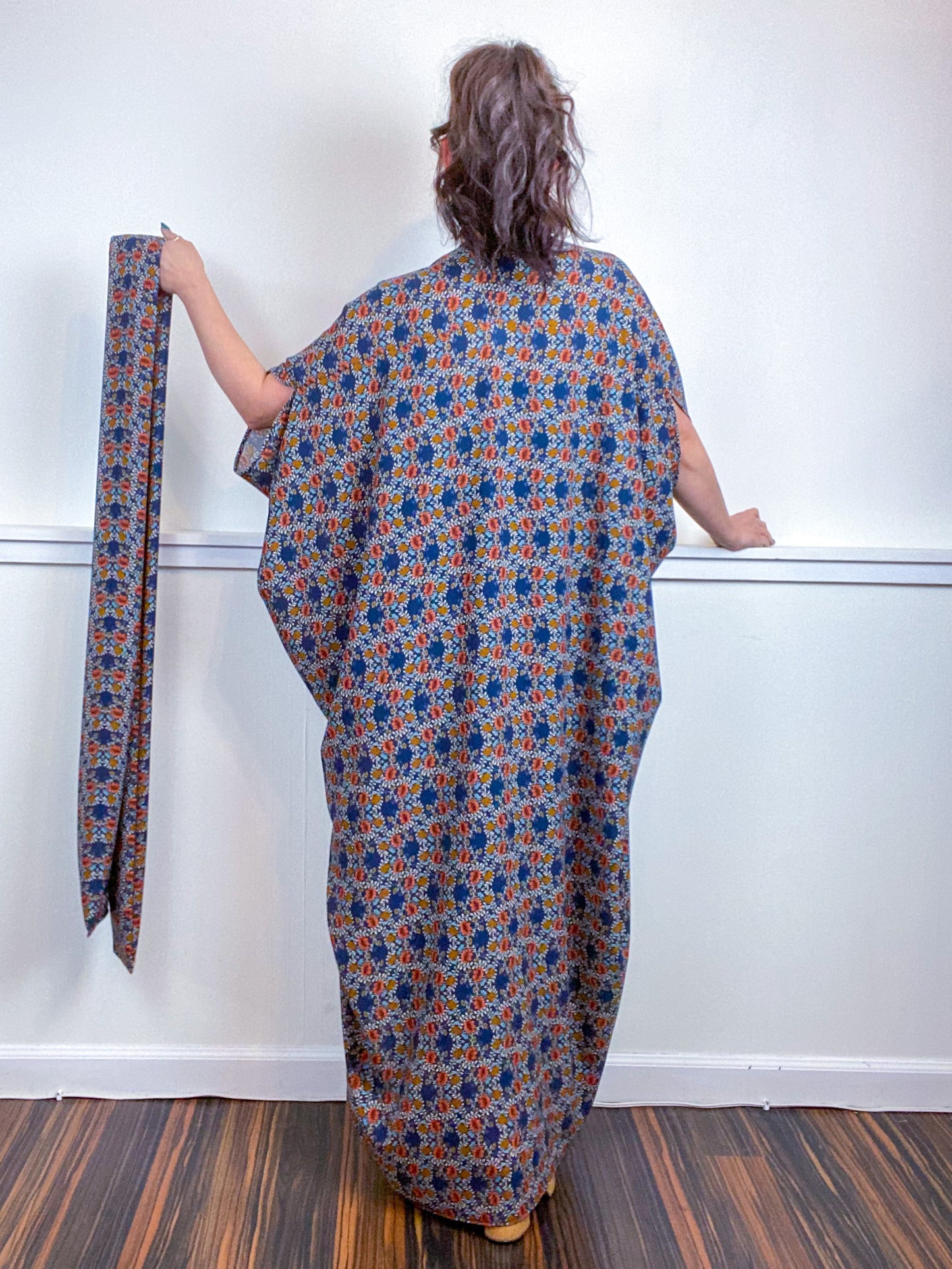 Print High Low Kimono Vintage Floral Bubble Crepe