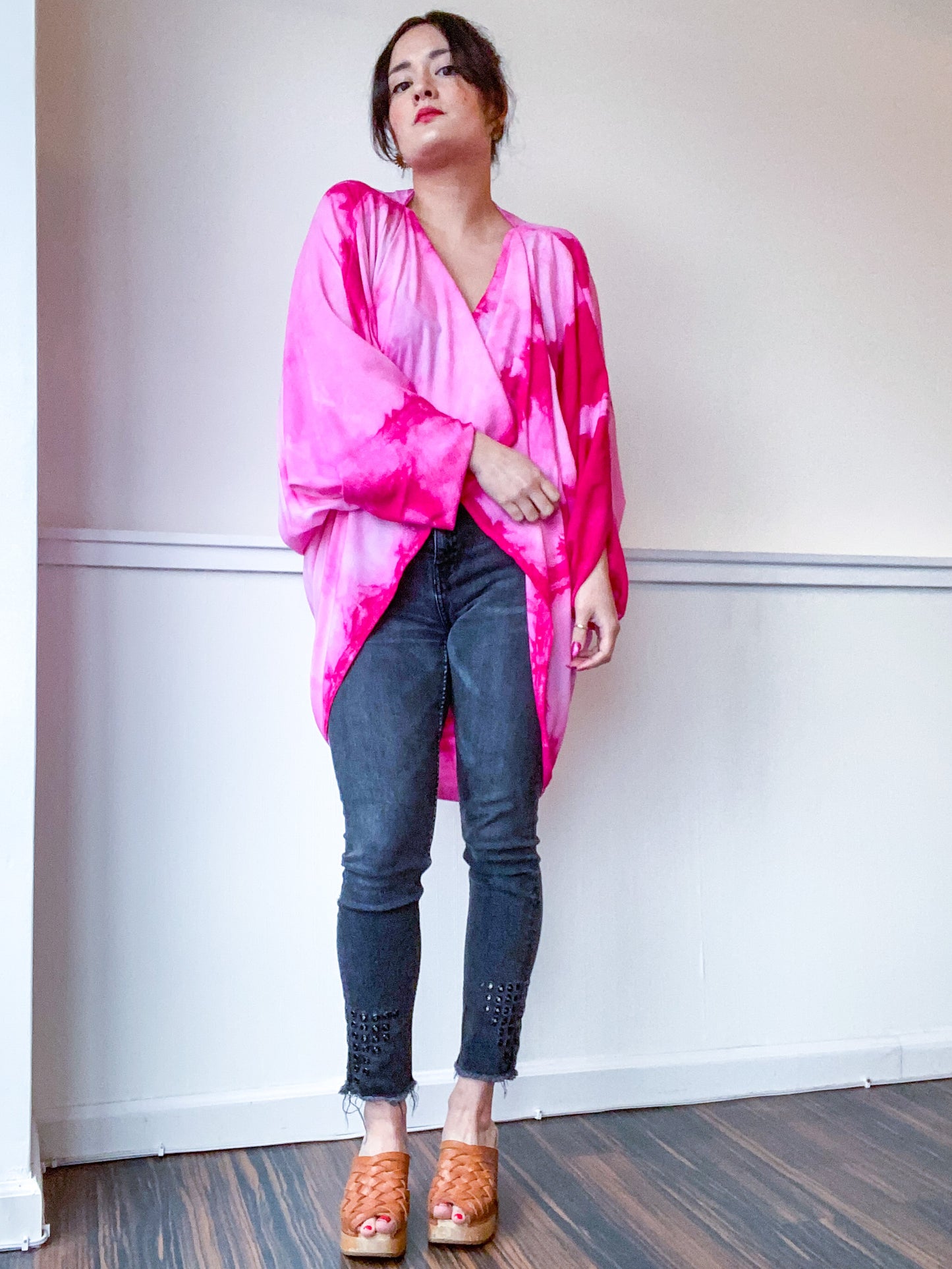 Hand-Dyed Waterfall Kimono Fuchsia Lines