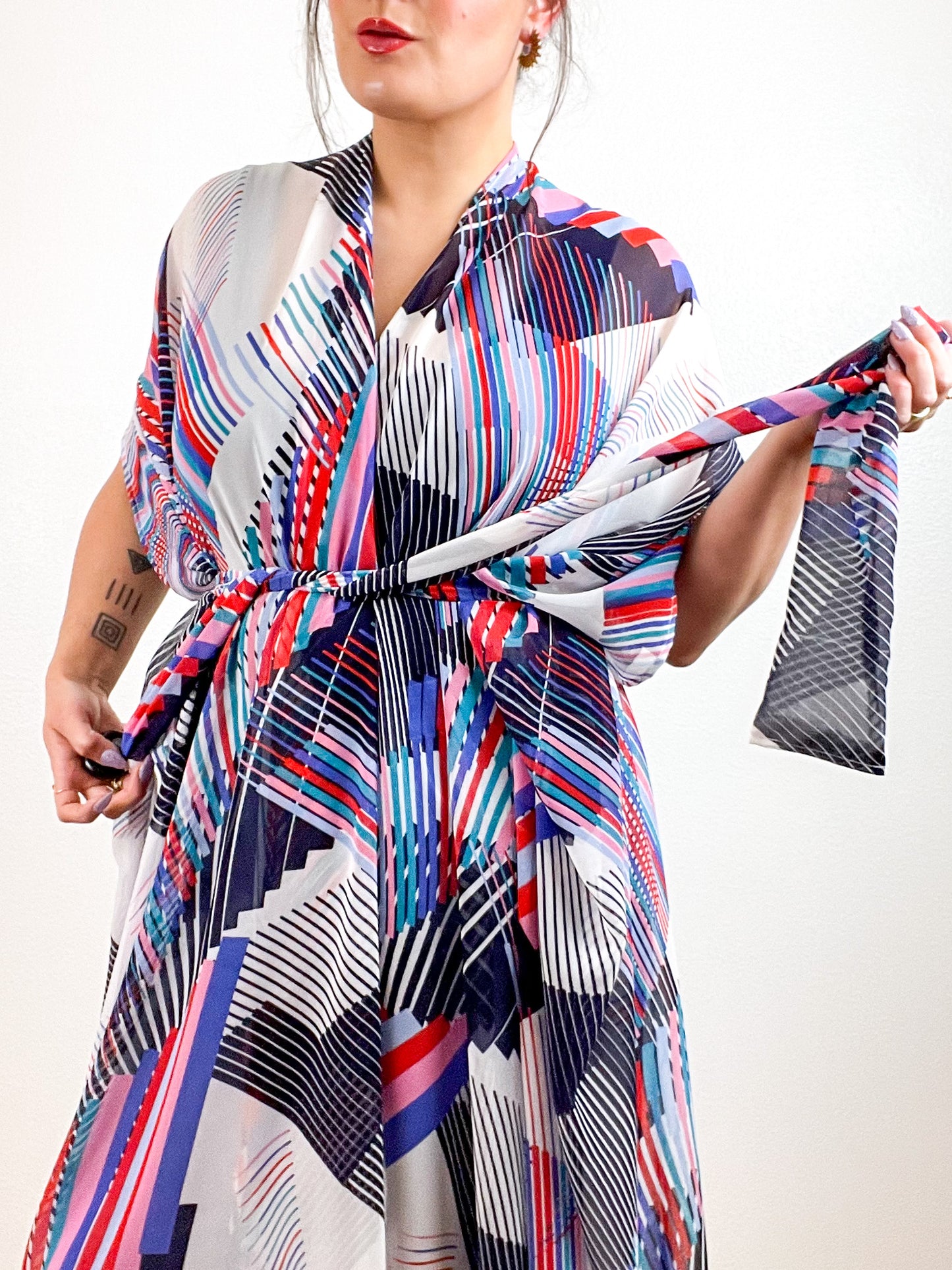 Print High Low Kimono Graphic Diagonals Chiffon