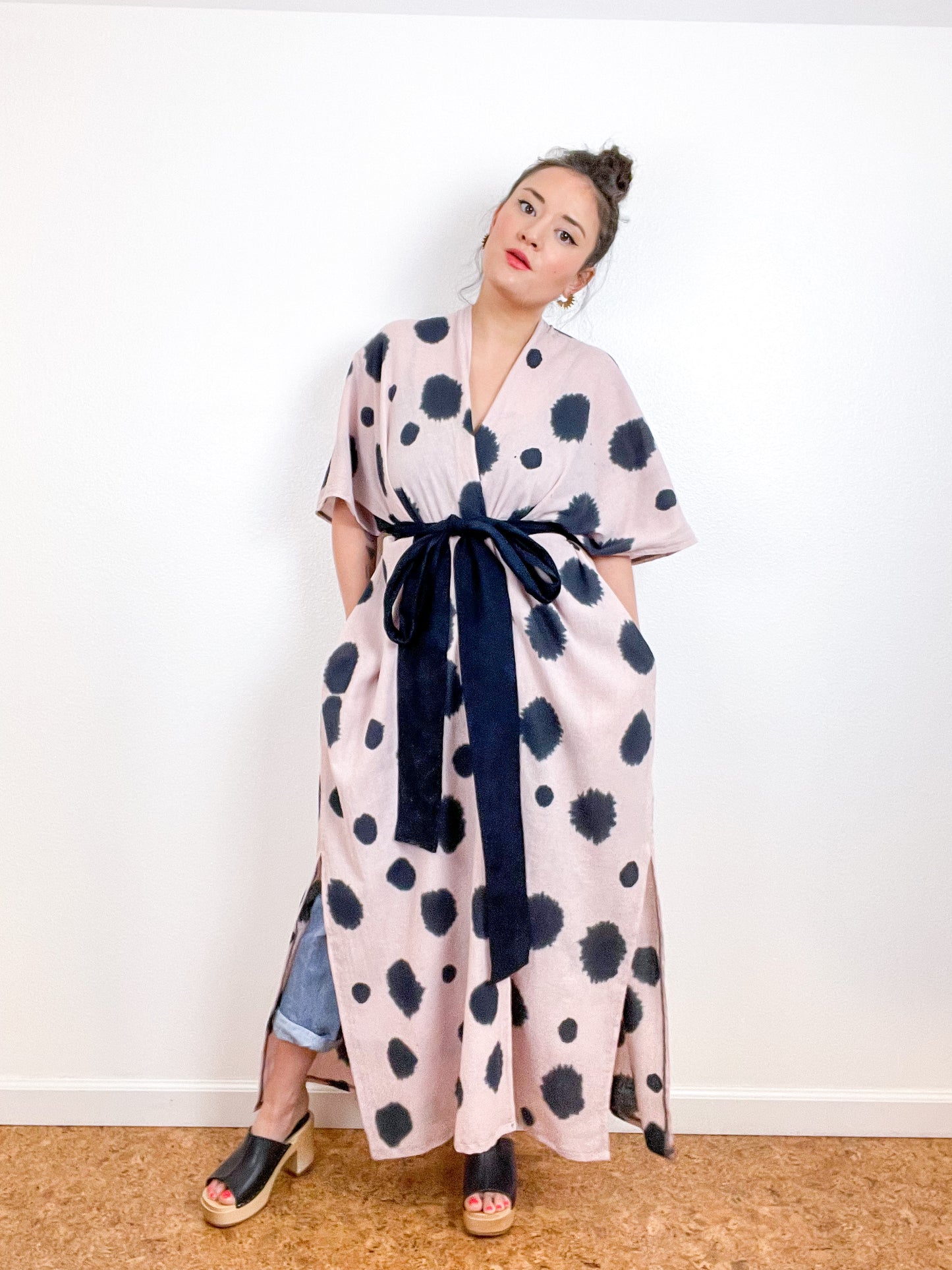 Single Gauze Duster Kimono Blush Dots