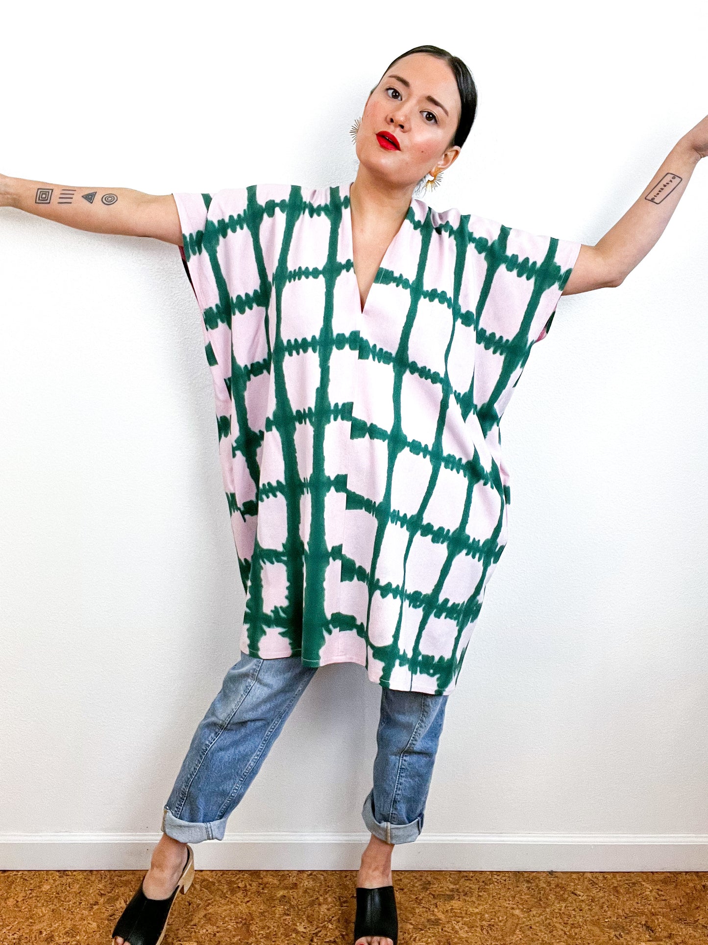 Hand-Dyed Mini Smock Dress Blush Green Windowpane