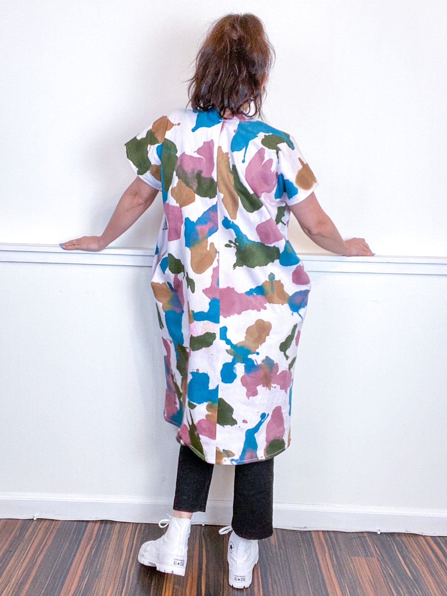 Hand-Dyed Sweatshirt Smock Dress Teal Maroon Moss Amber