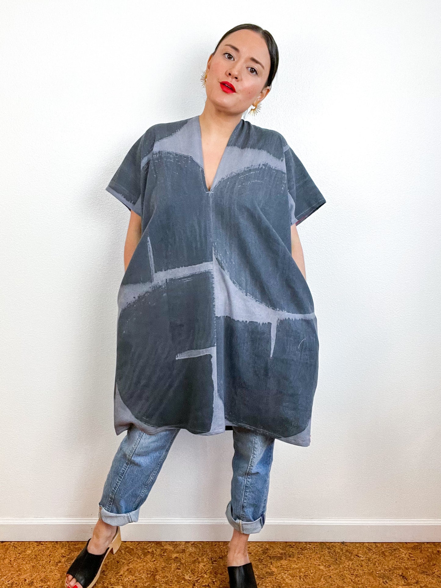 Hand-Dyed Mini Smock Dress Lavender Graphite Brushstrokes