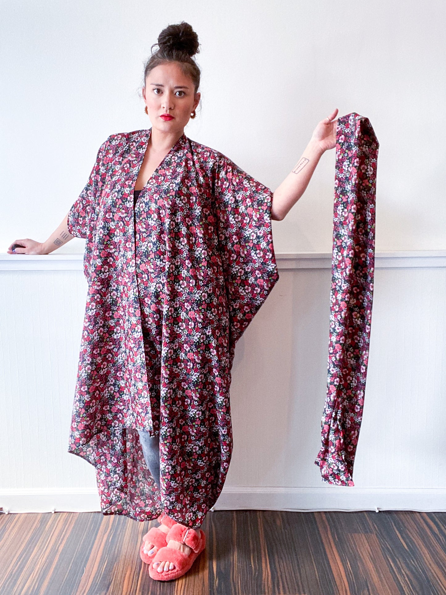 Print High Low Kimono Navy Fuchsia Green Floral Crepe de Chine