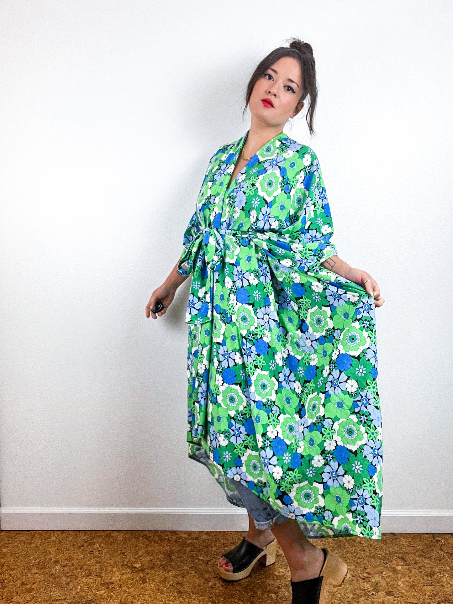 Print High Low Kimono Green Groovy Floral Challis