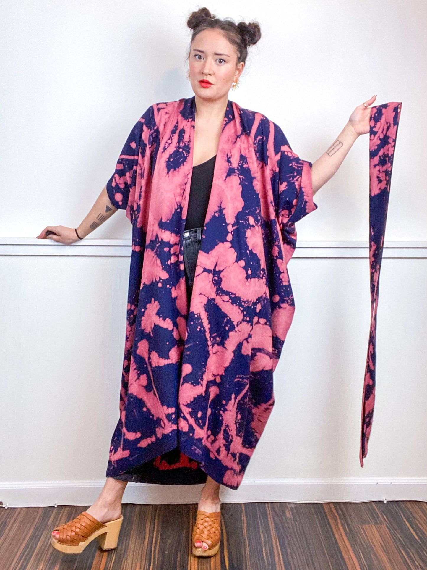 Hand-Dyed High Low Kimono Navy Peach Bleach