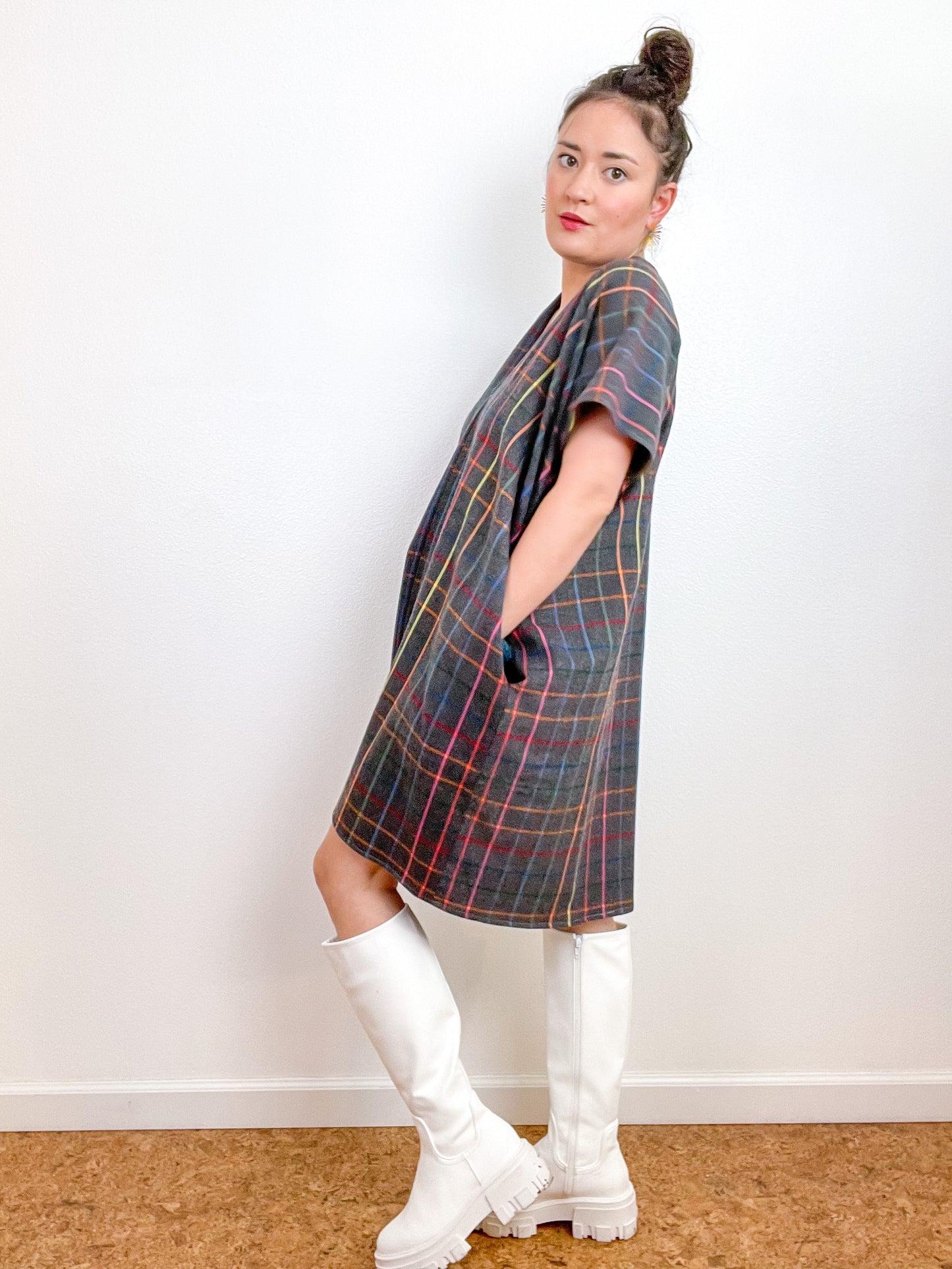 Plaid Flannel Smock Dress Grey Rainbow