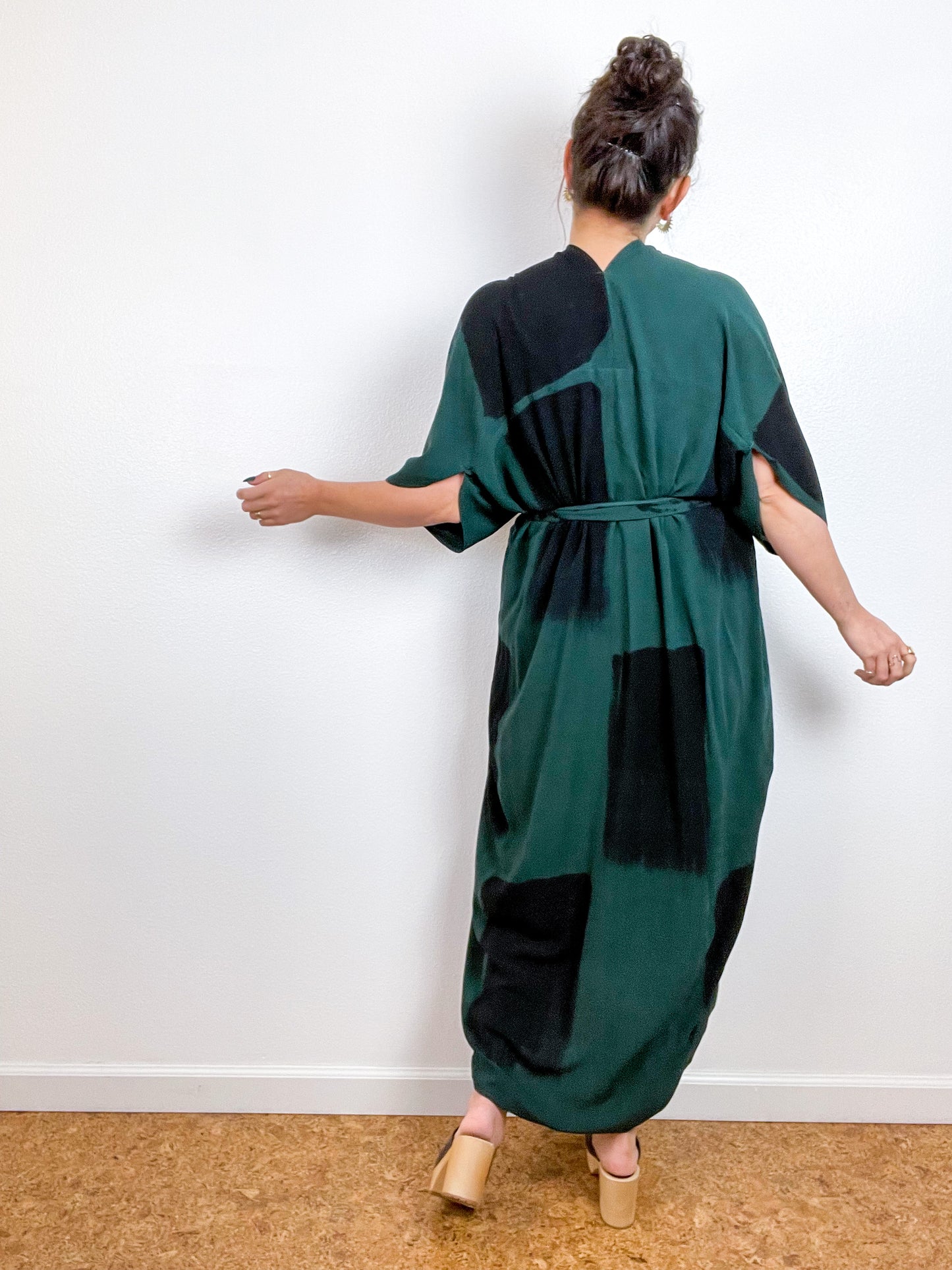 Hand-Dyed High Low Kimono Emerald Black Rectangles