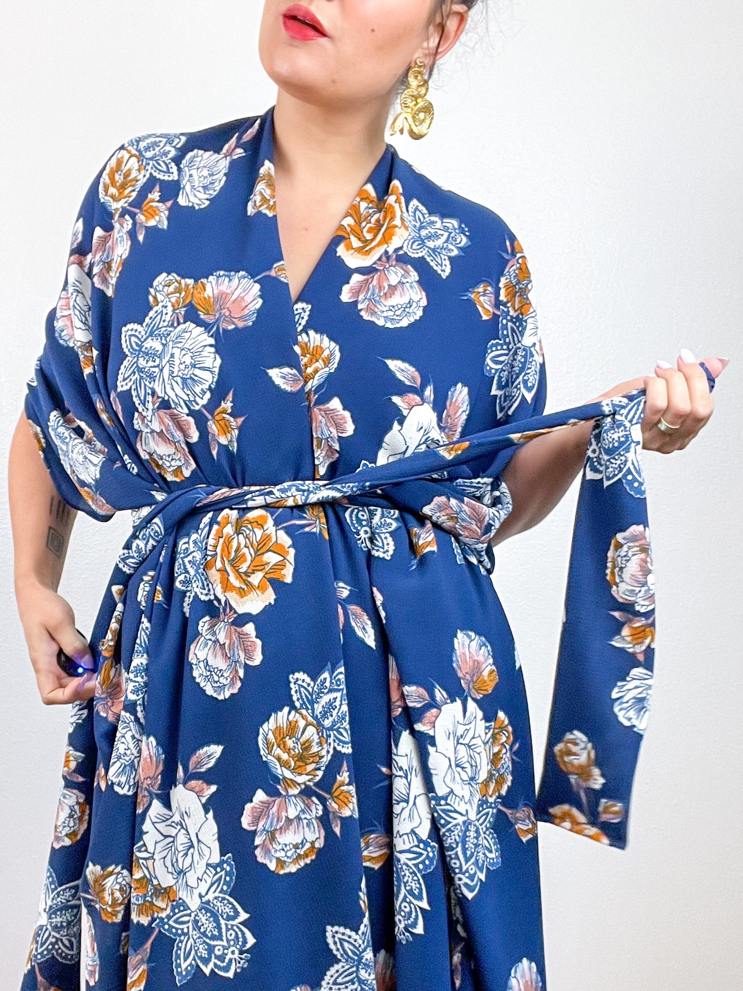 Print High Low Kimono Navy Fall Floral Bubble Crepe
