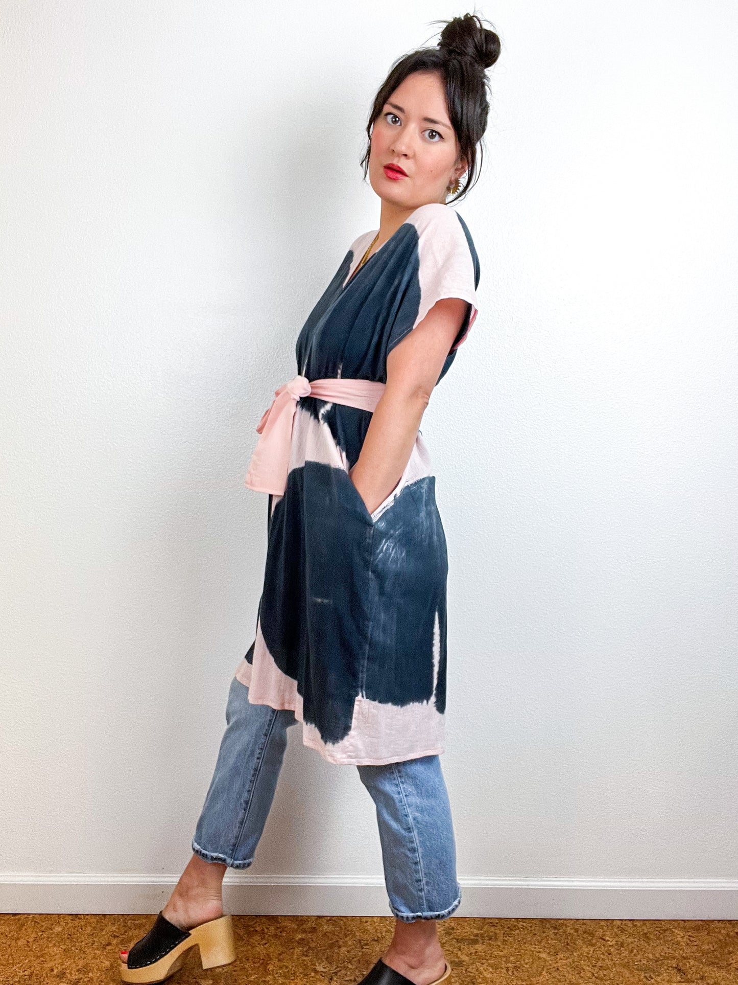 Single Gauze Mini Caftan Dress Blush Graphite Brushstrokes