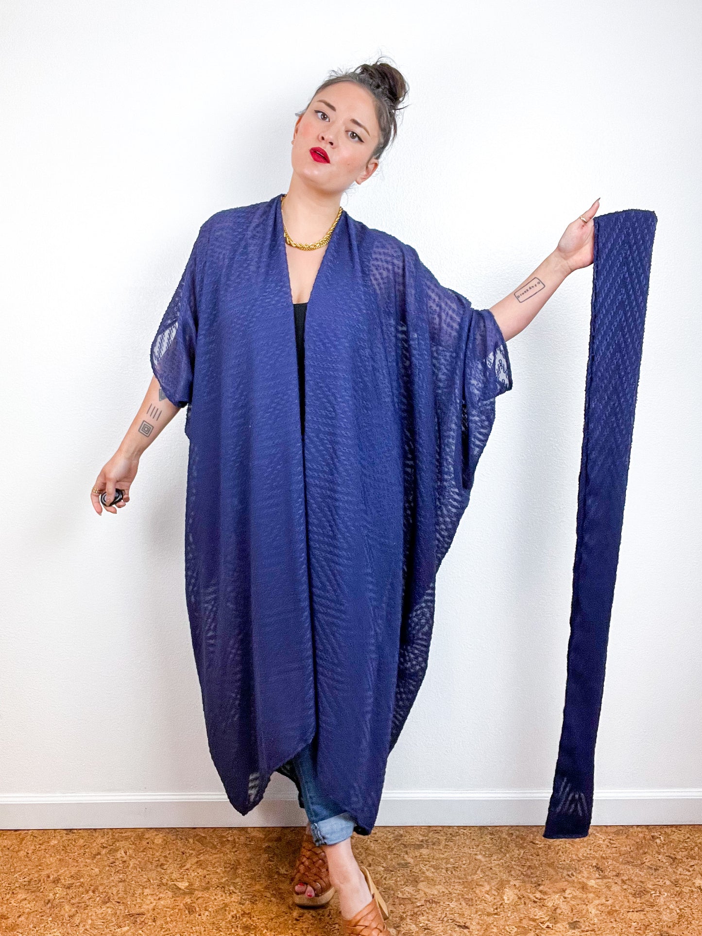 Solid High Low Kimono Navy Flocked Chevron Chiffon