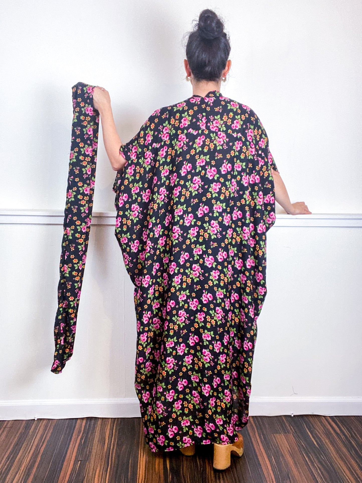 Print High Low Kimono Aqua Pink Green Black Floral Georgette
