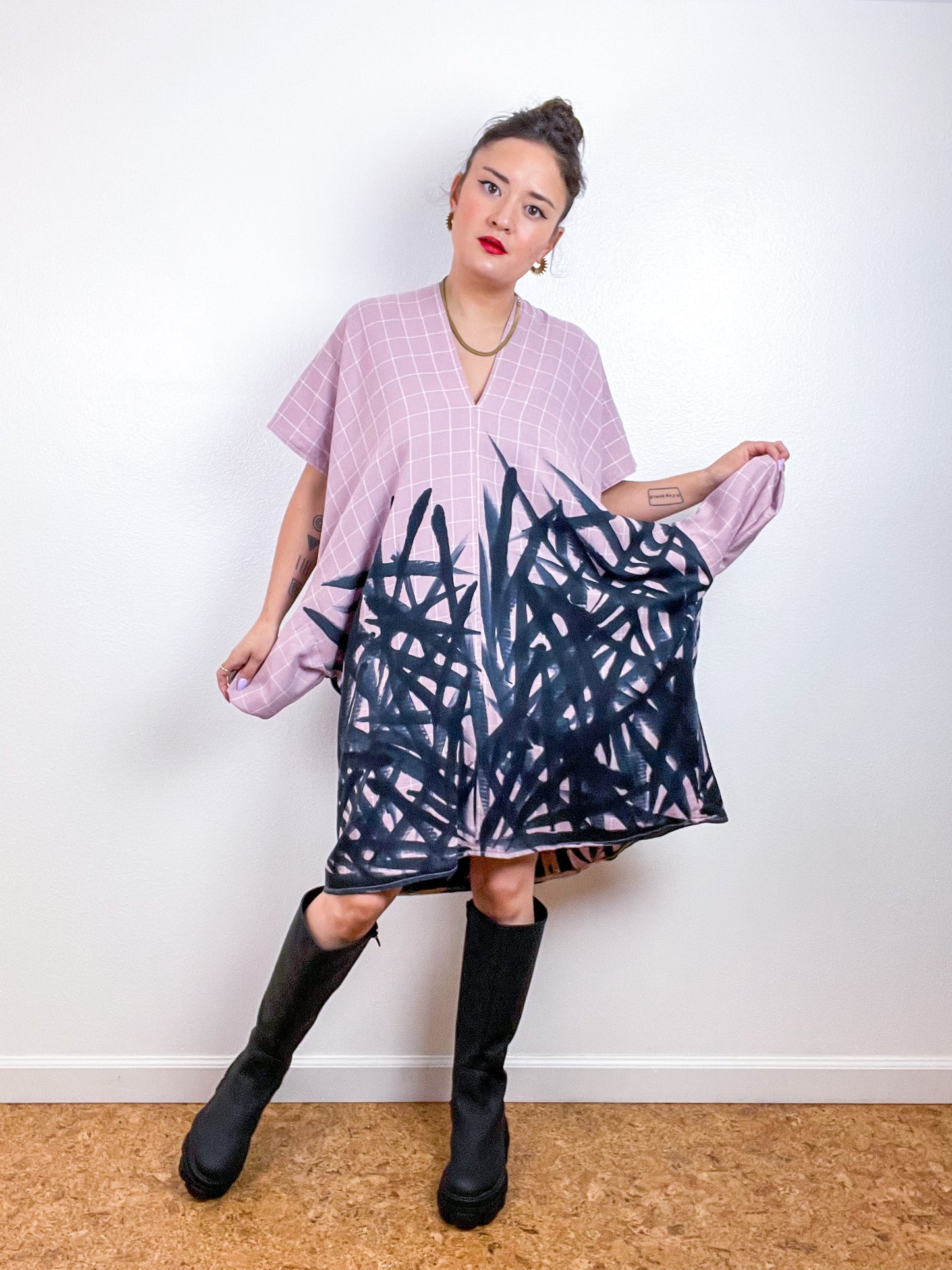 Disrupted Plaid Rayon Smock Dress Orchid X