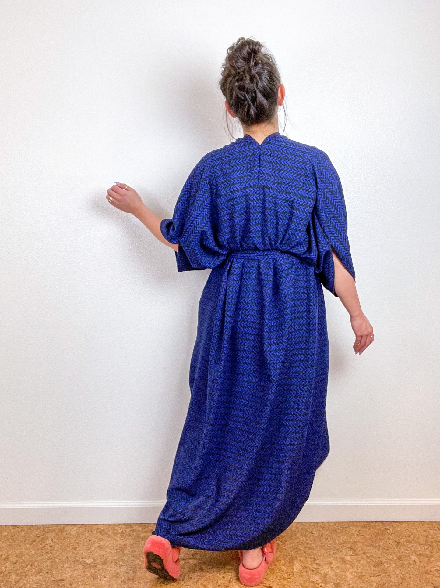 Print High Low Kimono Royal Black V Rayon Challis