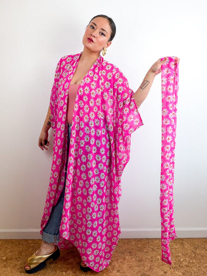 Print High Low Kimono Hot Pink Daisy Chiffon