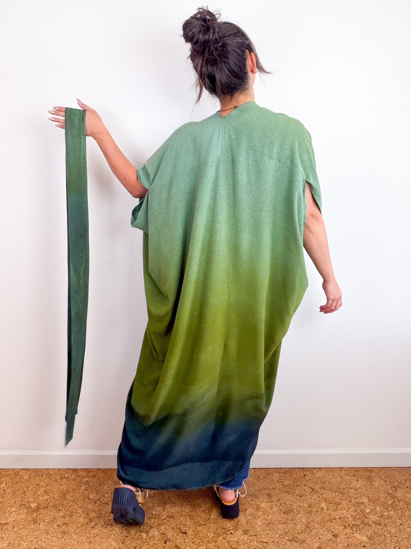 Hand-Dyed High Low Kimono Sage Moss Charcoal Gradient