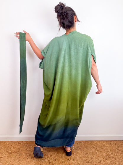 Hand-Dyed High Low Kimono Sage Moss Charcoal Gradient